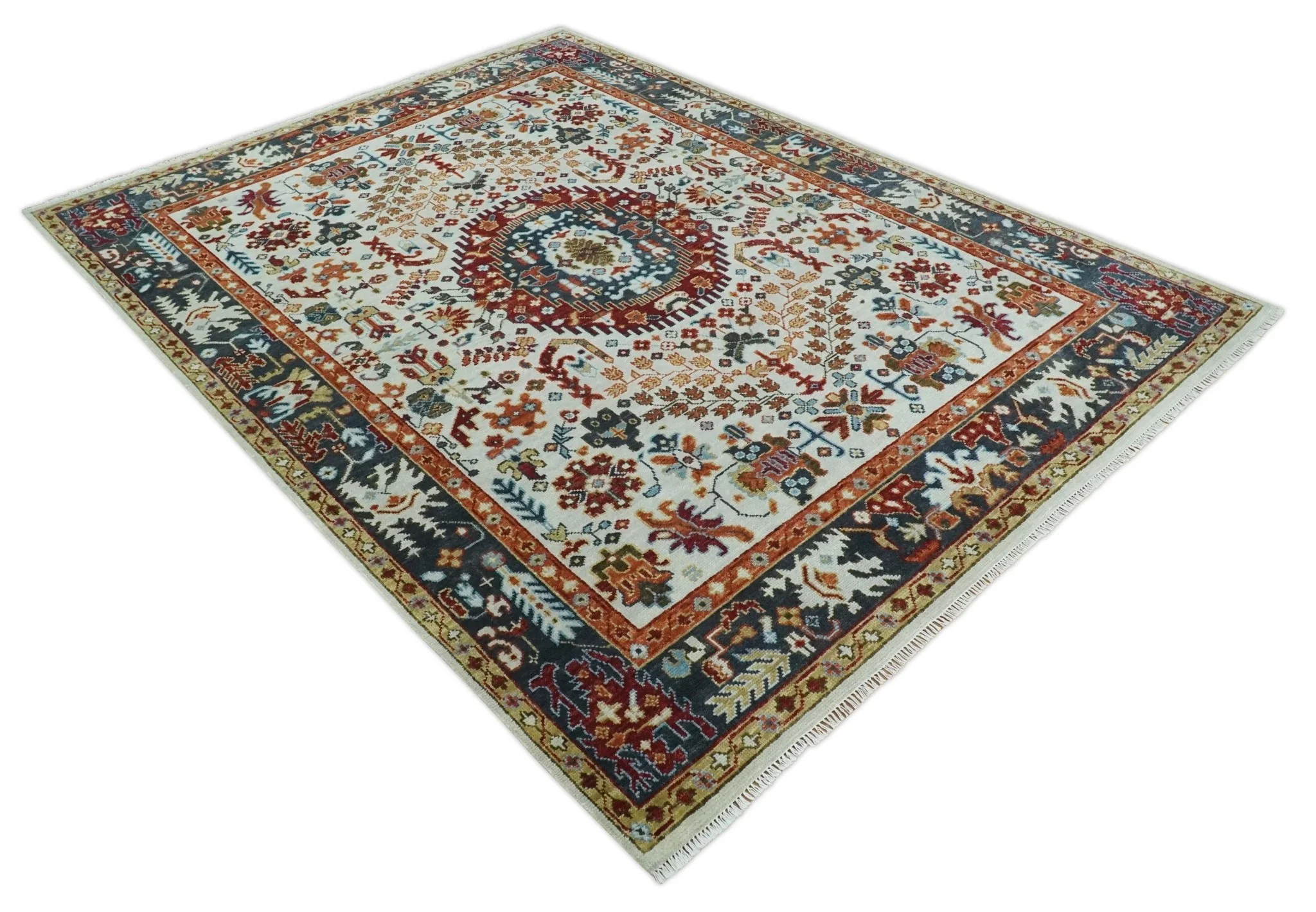 Hand Knotted traditional Oriental Ivory, Rust and Gray Multi Size wool Area Rug - Image 8
