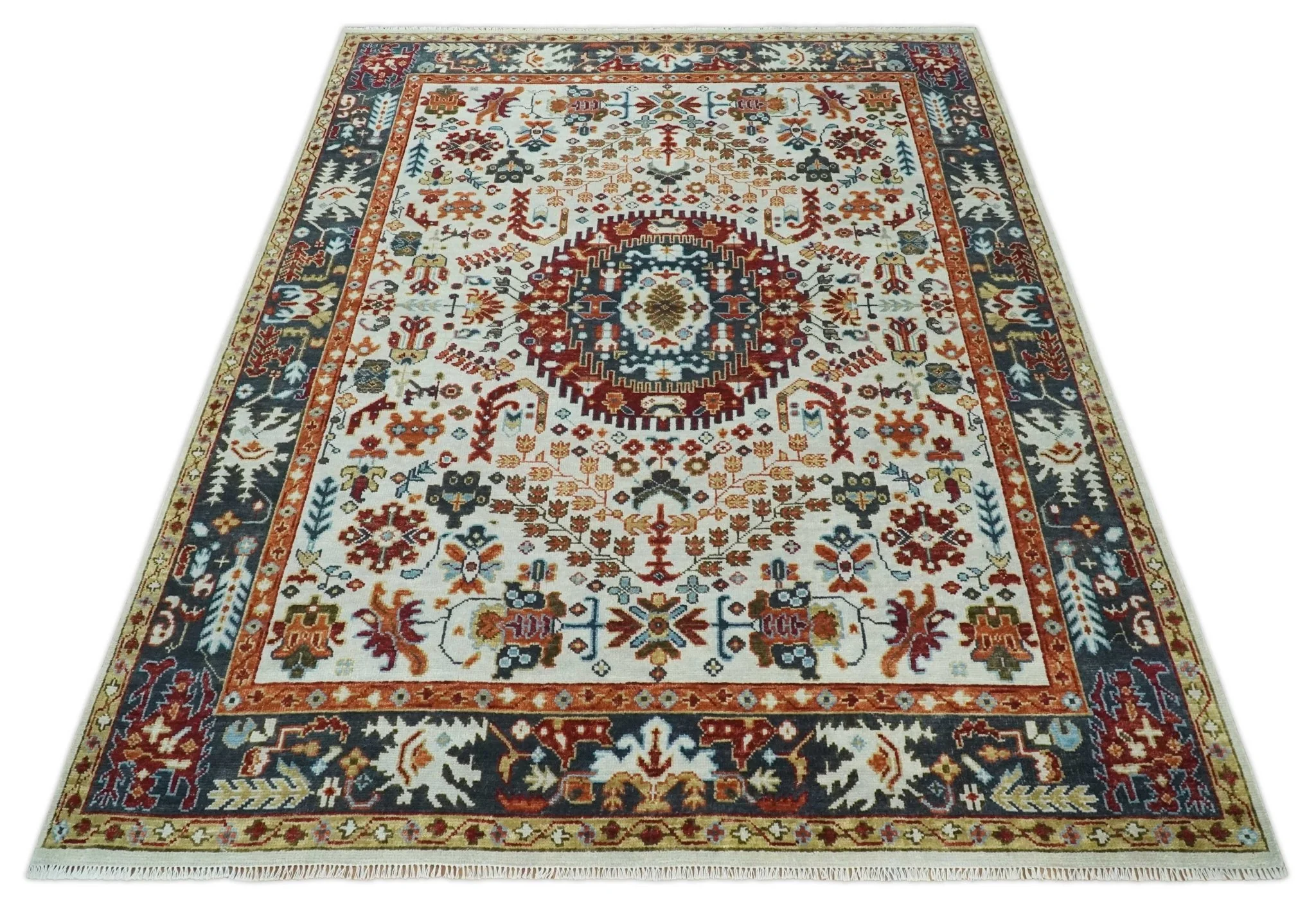 Hand Knotted traditional Oriental Ivory, Rust and Gray Multi Size wool Area Rug - Image 9
