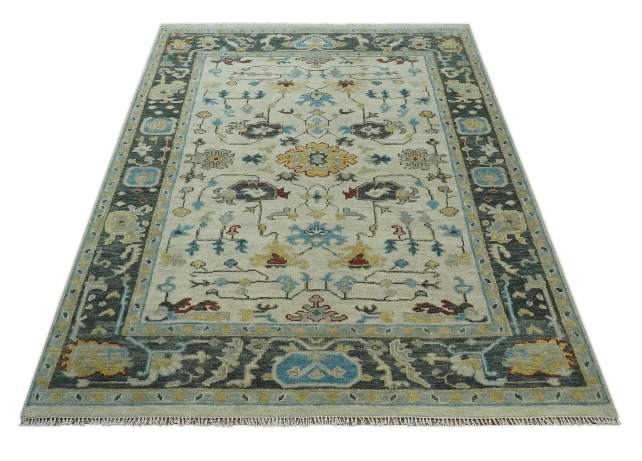 Beige, Gray, and Ivory Traditional Hand Knotted Oriental Oushak Multi Size wool Area Rug - Image 11