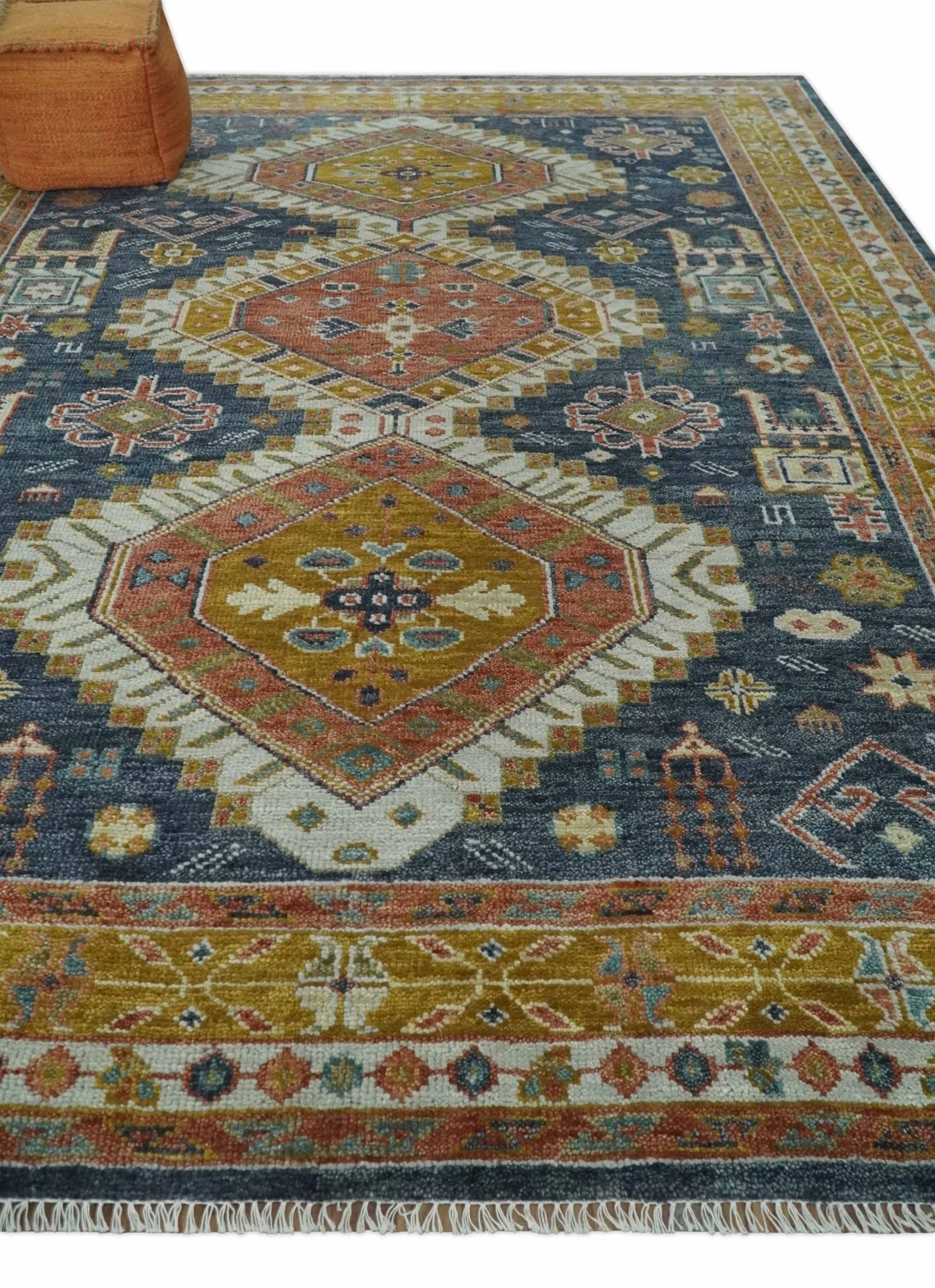 Rust, Gold and Gray Traditional Hand knotted Custom Made wool Area Rug - Image 3