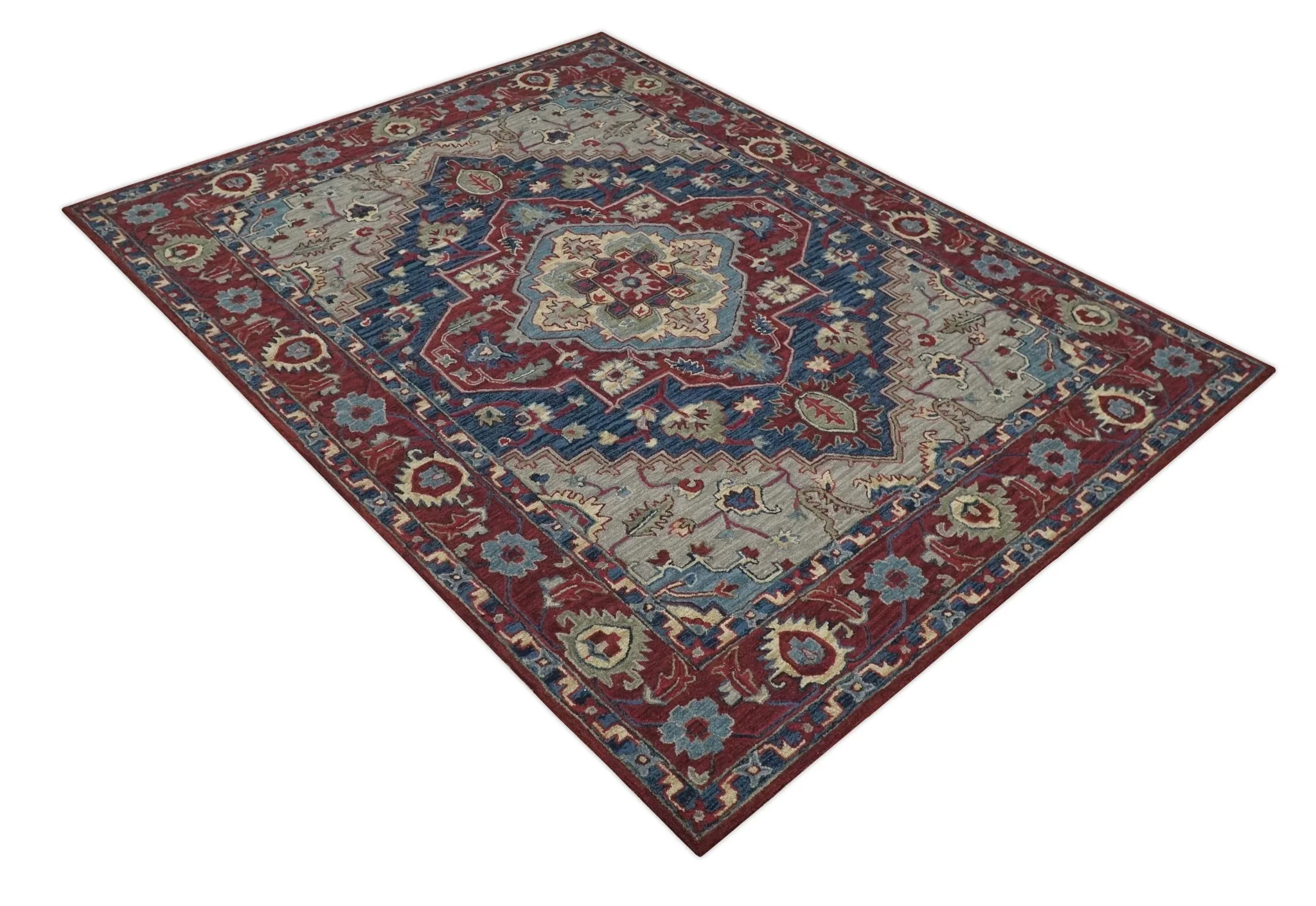 Red and Blue Hand Tufted Traditional Heriz Serapi Medallion Multi Size wool Area Rug - Image 10