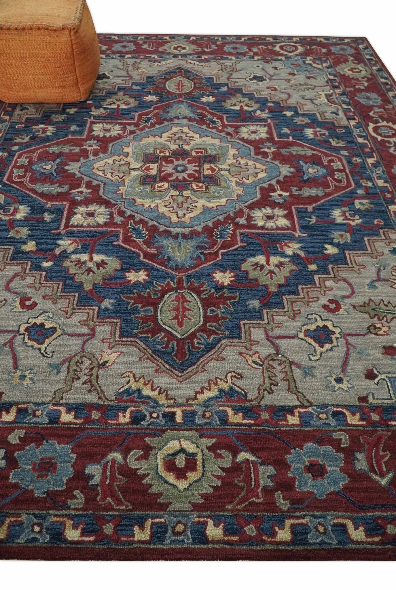 Red and Blue Hand Tufted Traditional Heriz Serapi Medallion Multi Size wool Area Rug - Image 3
