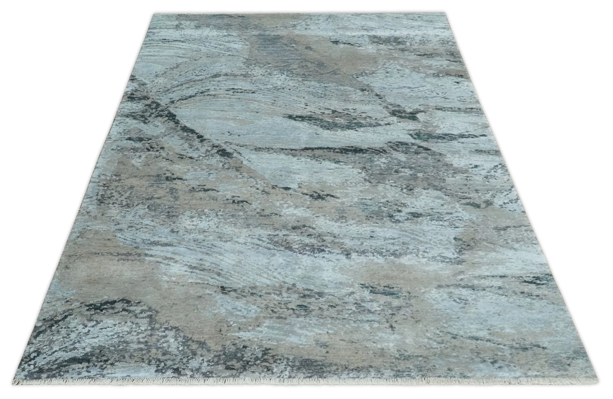 5x8 and 6x9 Aqua, Silver, Charcoal and Brown Modern Abstract Handmade Wool Area Rug - Image 10