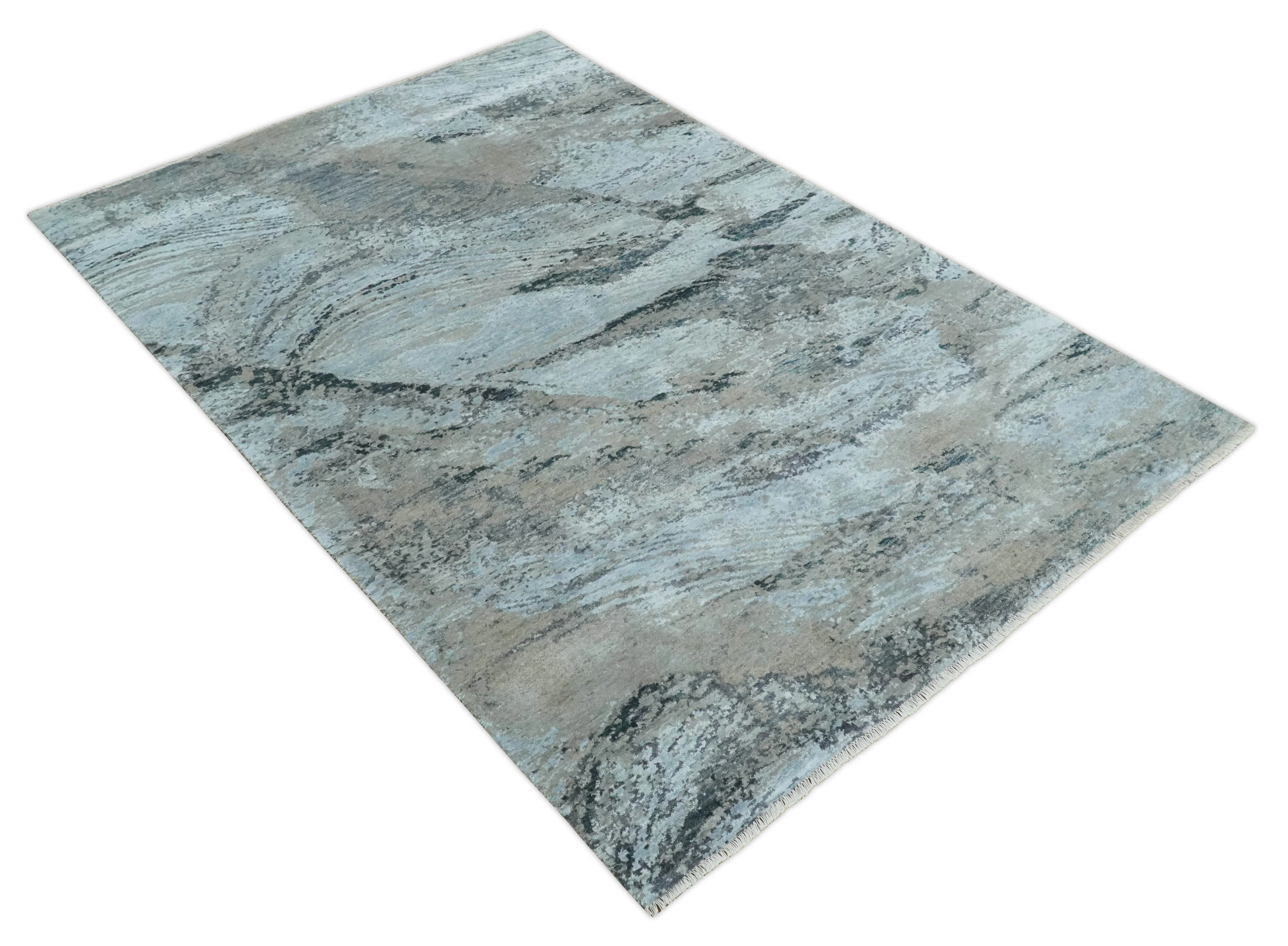 5x8 and 6x9 Aqua, Silver, Charcoal and Brown Modern Abstract Handmade Wool Area Rug - Image 9