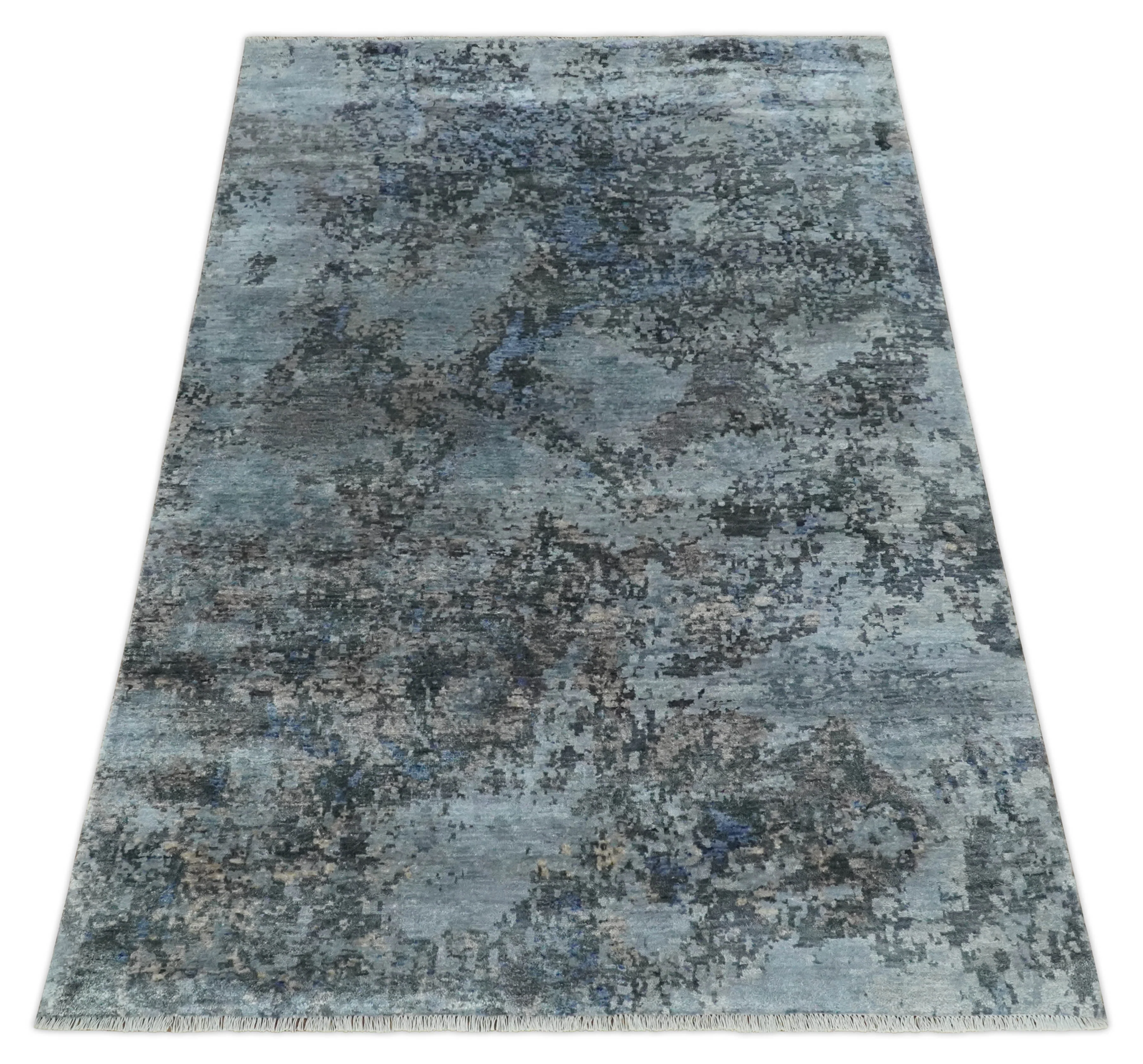 5x8 and 6x9 Silver, Charcoal and Blue Modern Abstract Handmade Wool Area Rug - Image 10