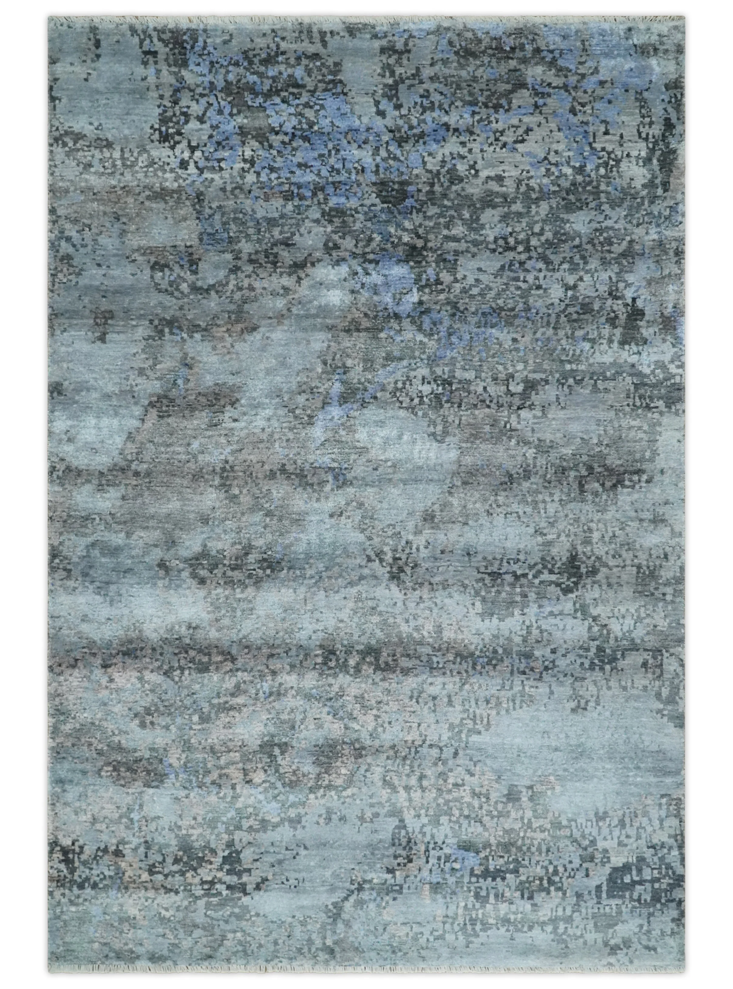 5x8 and 6x9 Silver, Charcoal and Blue Modern Abstract Handmade Wool Area Rug - Image 11