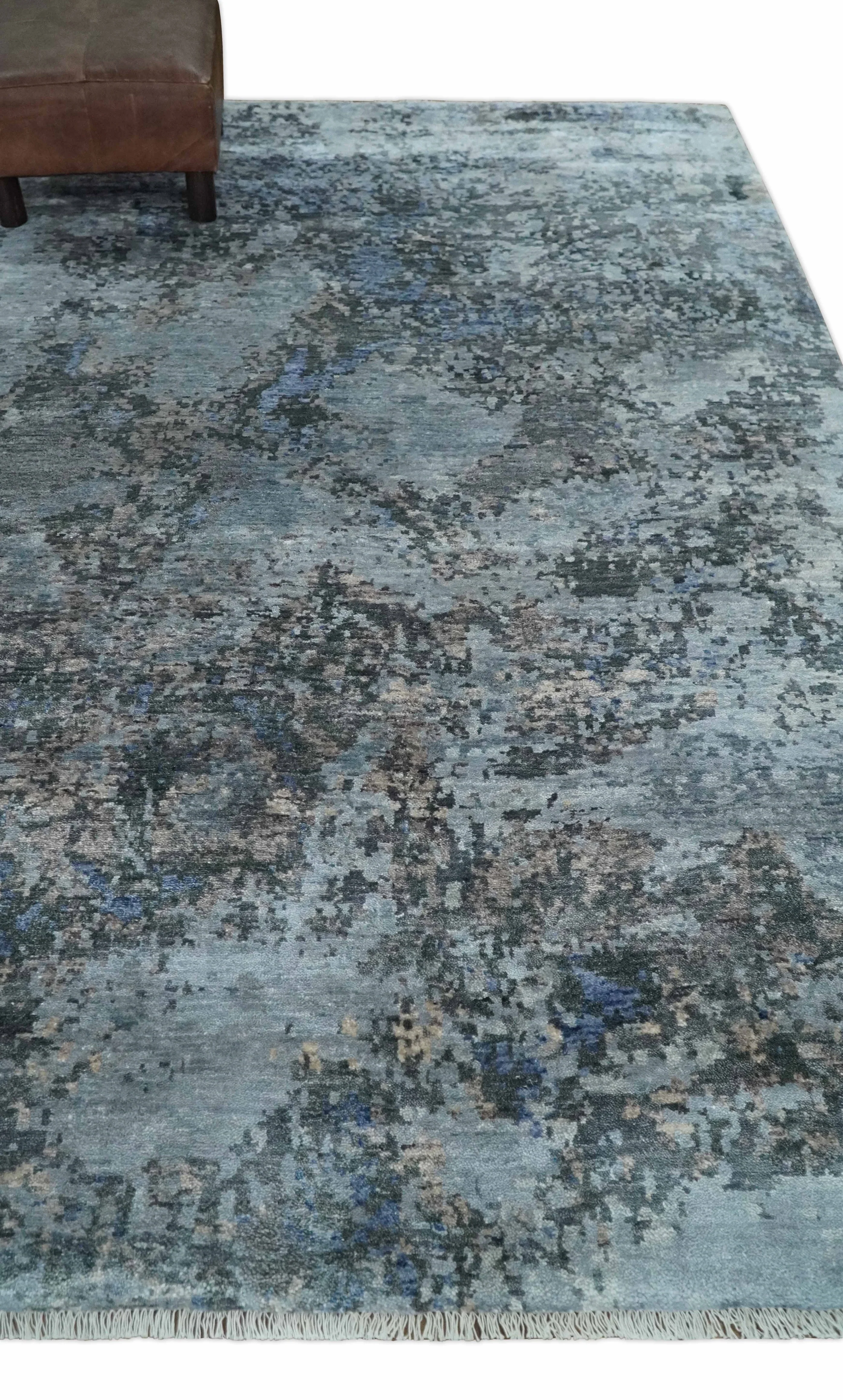 5x8 and 6x9 Silver, Charcoal and Blue Modern Abstract Handmade Wool Area Rug - Image 3