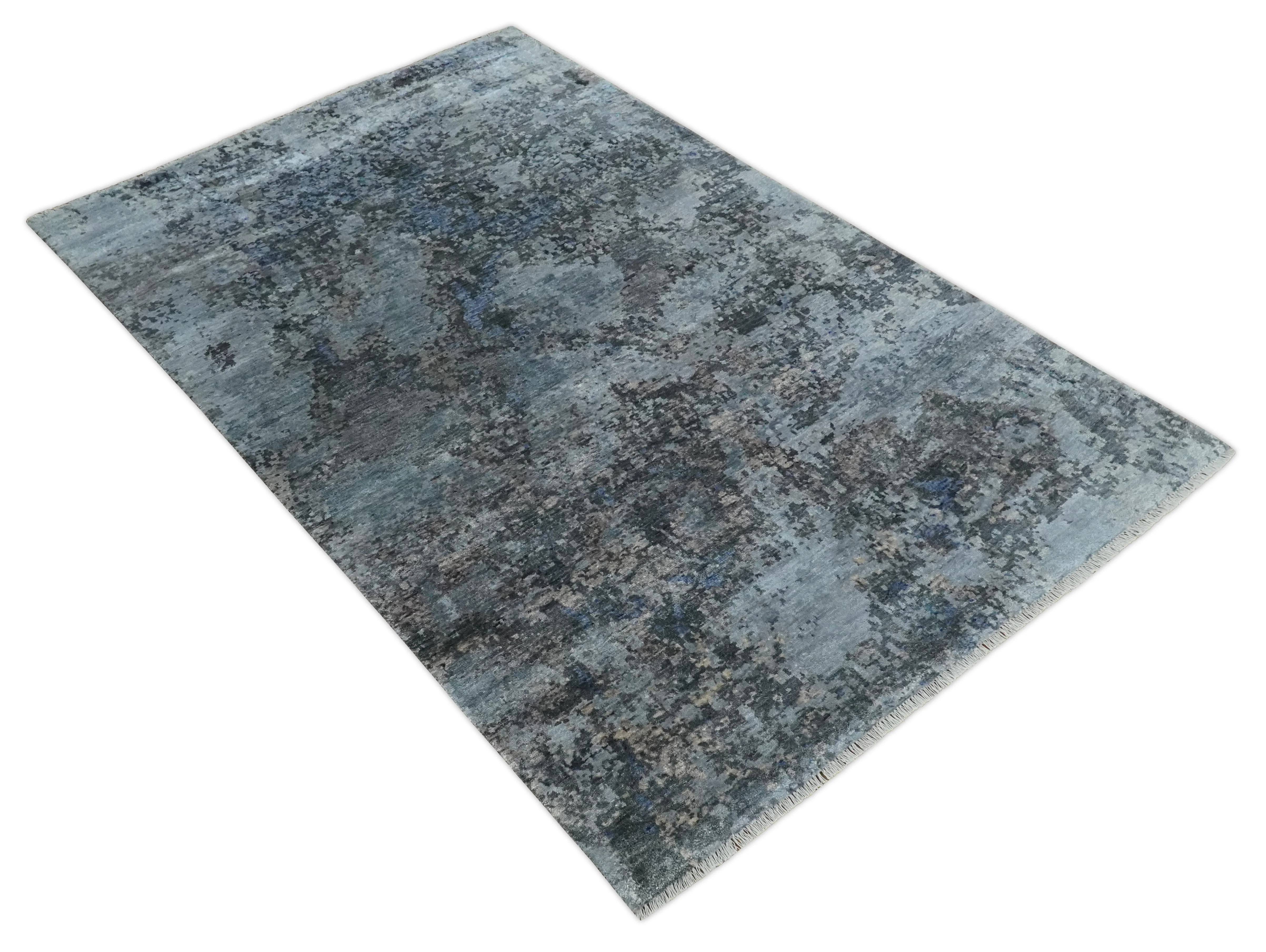 5x8 and 6x9 Silver, Charcoal and Blue Modern Abstract Handmade Wool Area Rug - Image 9