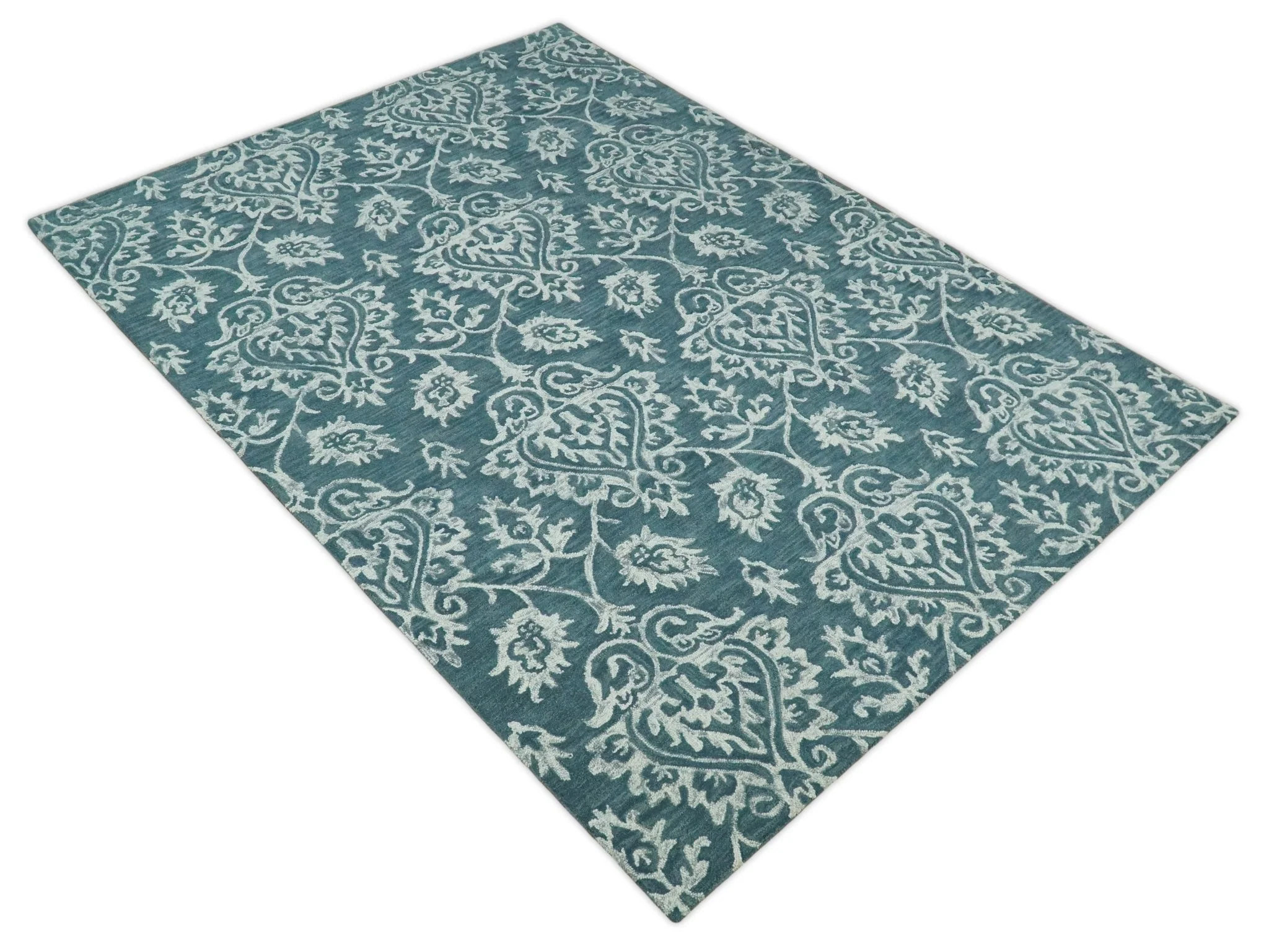 Contemporary Hand Tufted Blue and Ivory Wool Area Rug - Image 11