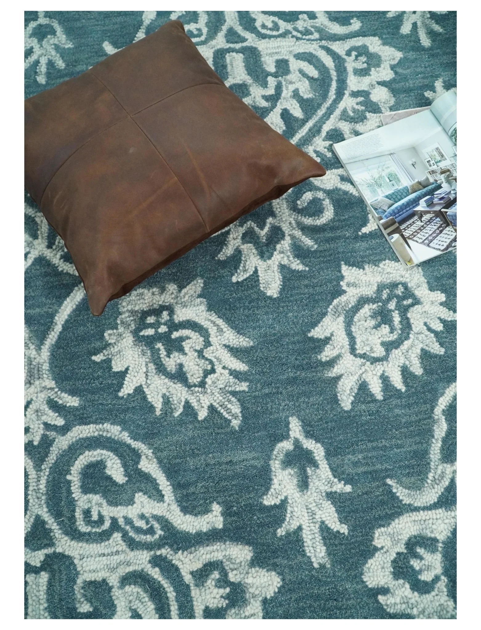 Contemporary Hand Tufted Blue and Ivory Wool Area Rug - Image 8