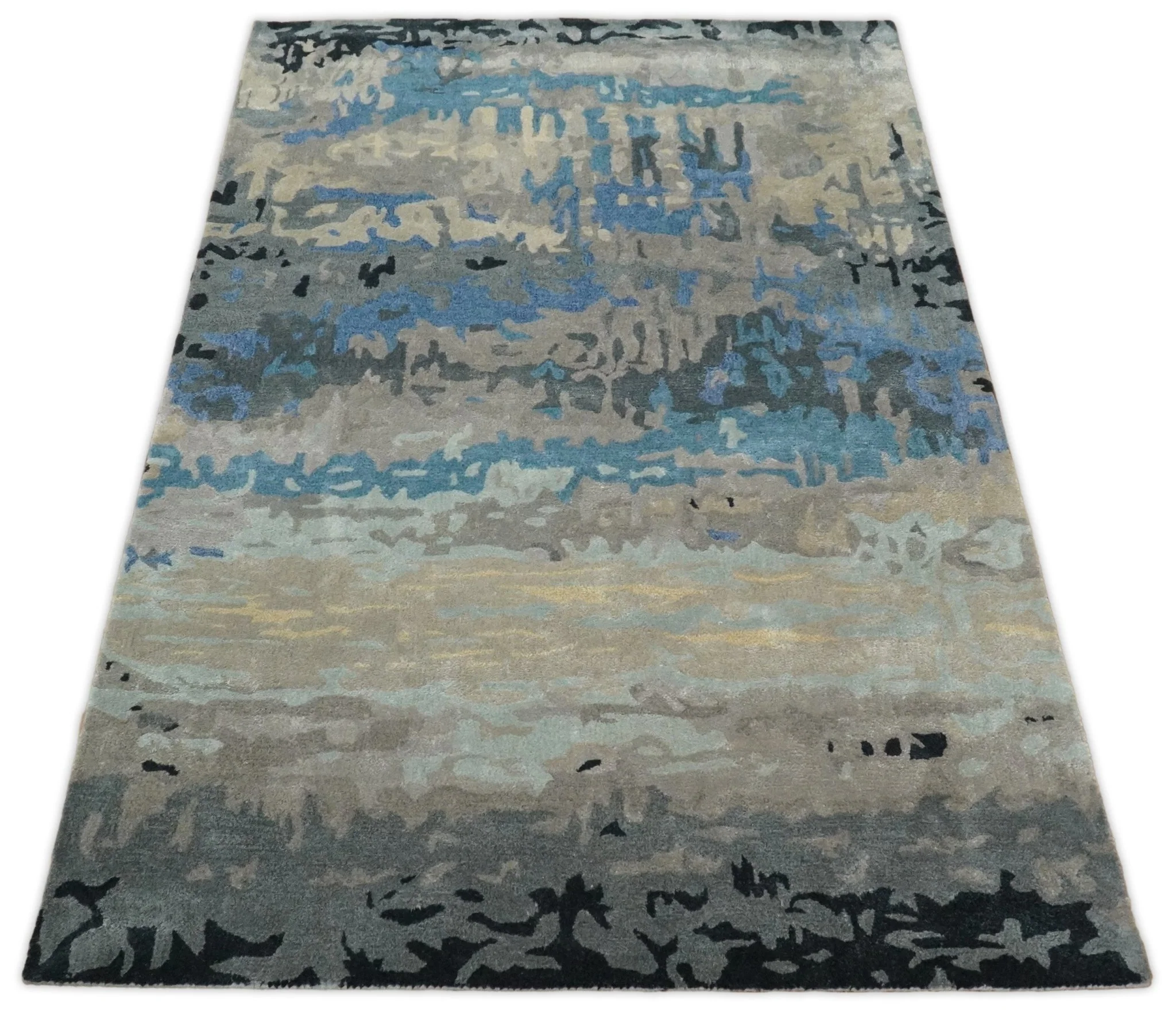 5x8 Blue and Brown Abstract Handmade Wool and Art Silk Area Rug - Image 3