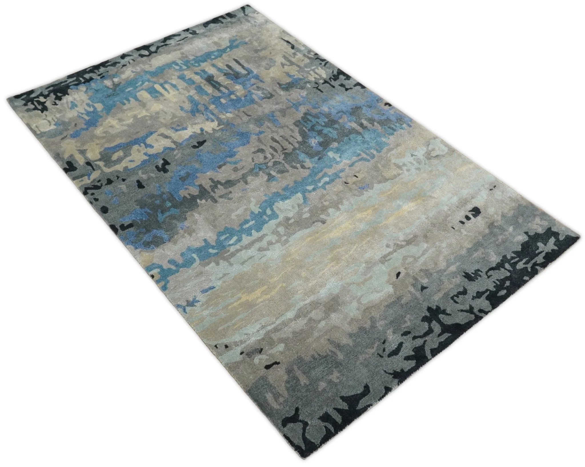 5x8 Blue and Brown Abstract Handmade Wool and Art Silk Area Rug - Image 8