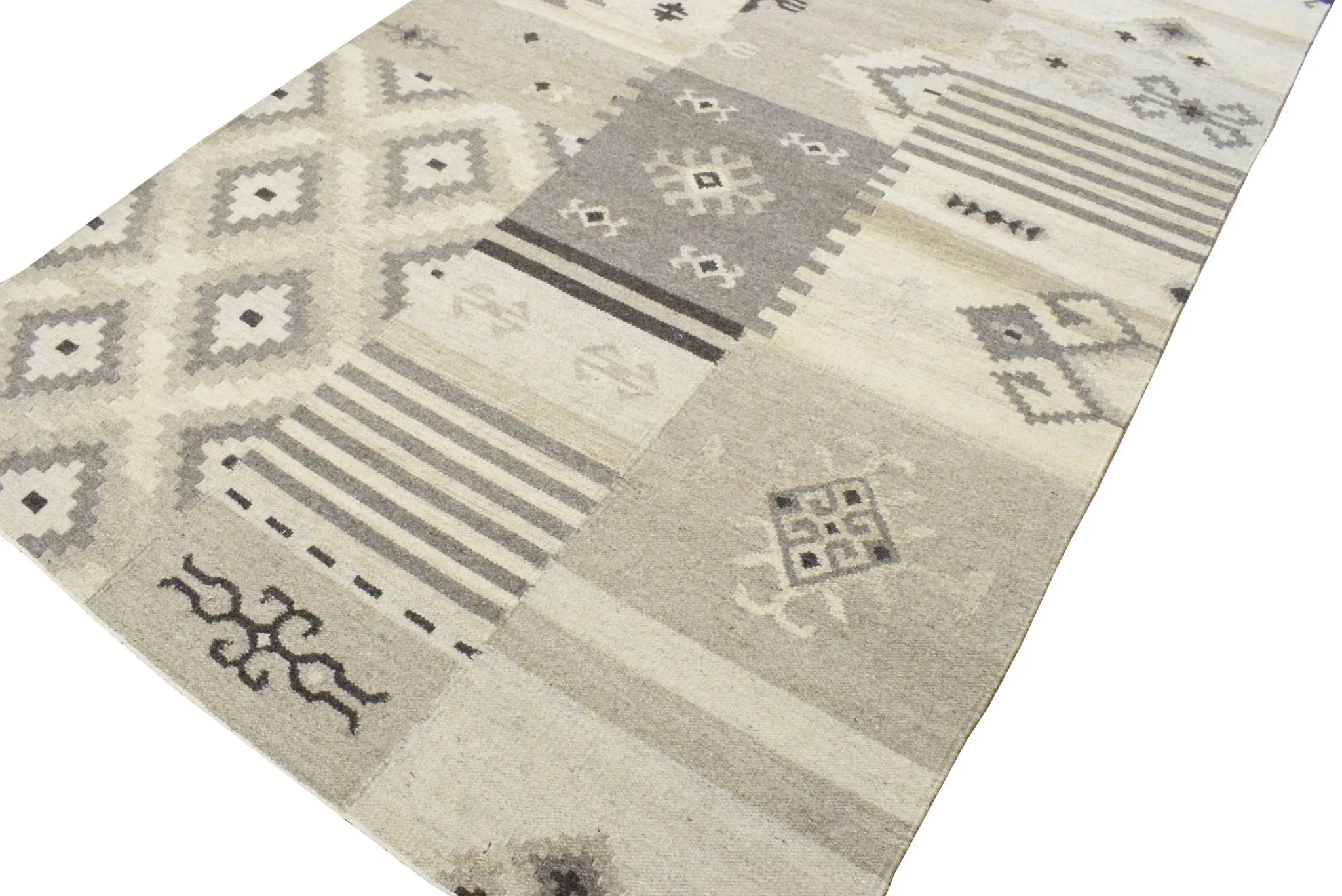 5x8 Dhurrie Rug, Beige Brown Tribal Pattern Wool Rug - Image 3