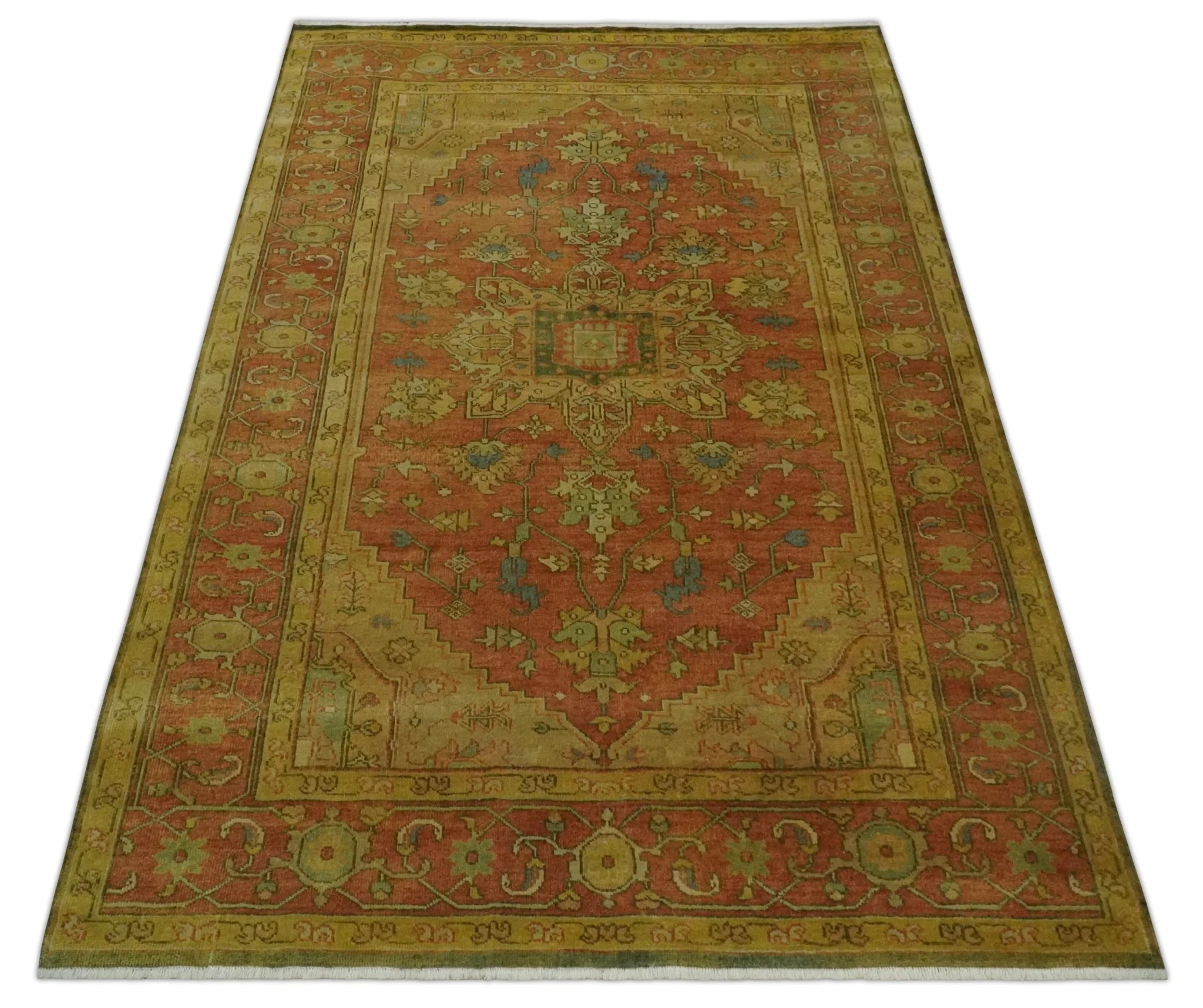 5x8 Gold and Rust Heriz Serapi Traditional Vintage Antique Hand Knotted Wool Area Rug - Image 10