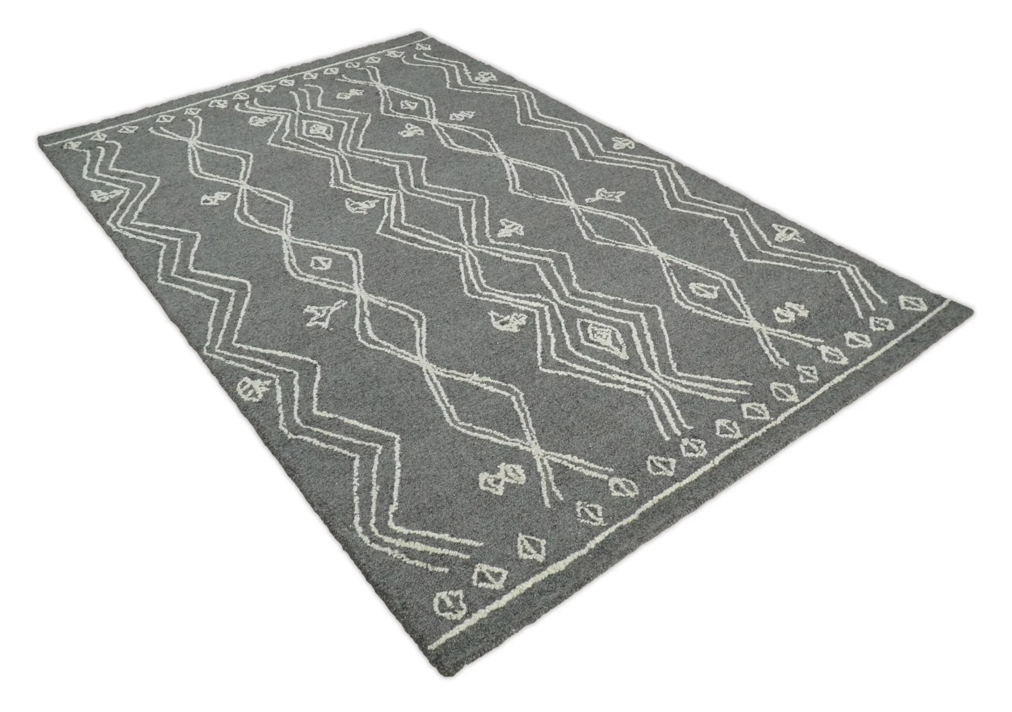 5x8 Gray and White Tribal Hand Hooked Textured Loop Area Rug | TRIB1 - Image 4