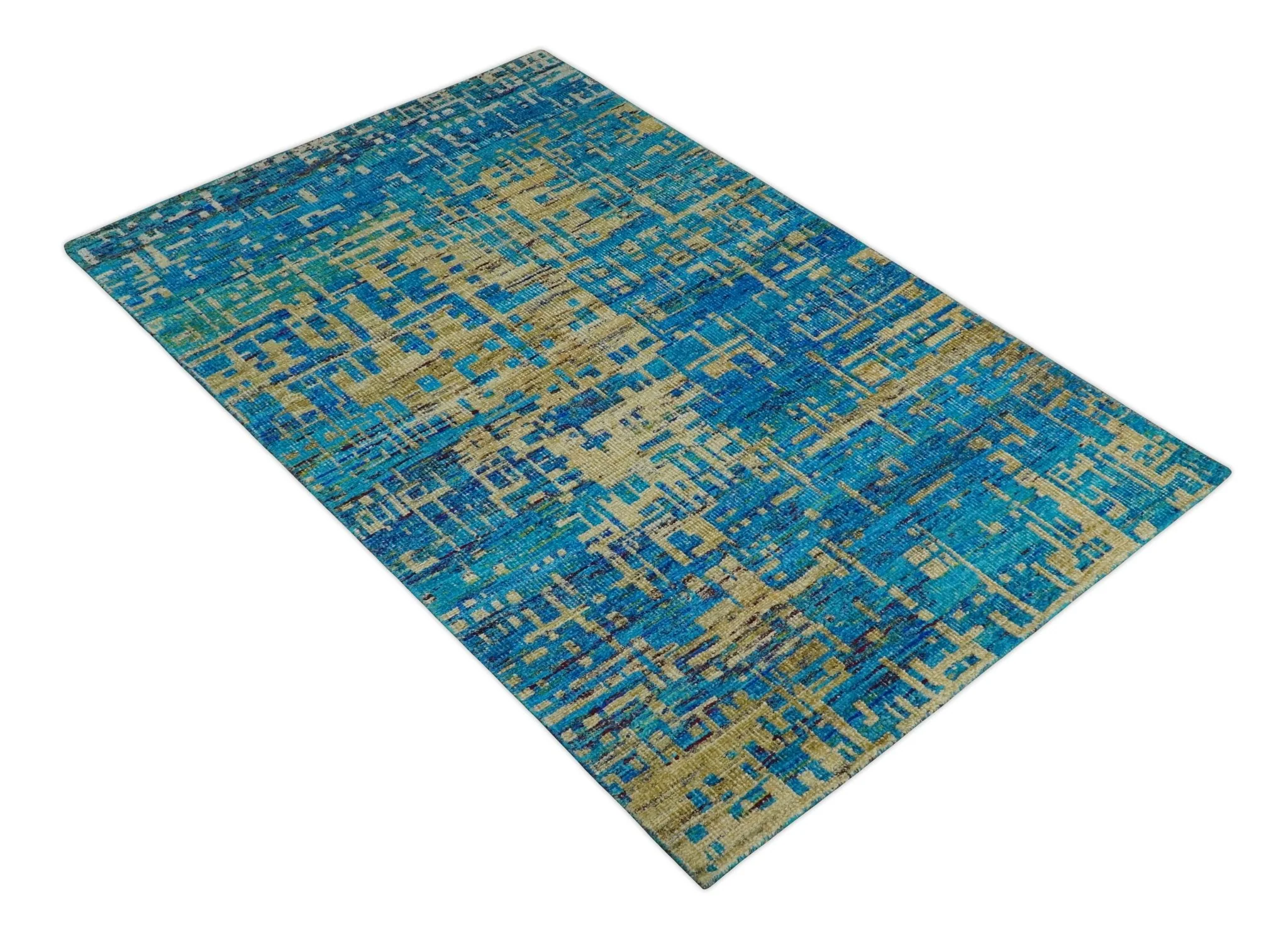 5x8 Hand Knotted Beige and Blue Modern Abstract Contemporary Recycled Silk Area Rug | OP101 - Image 10