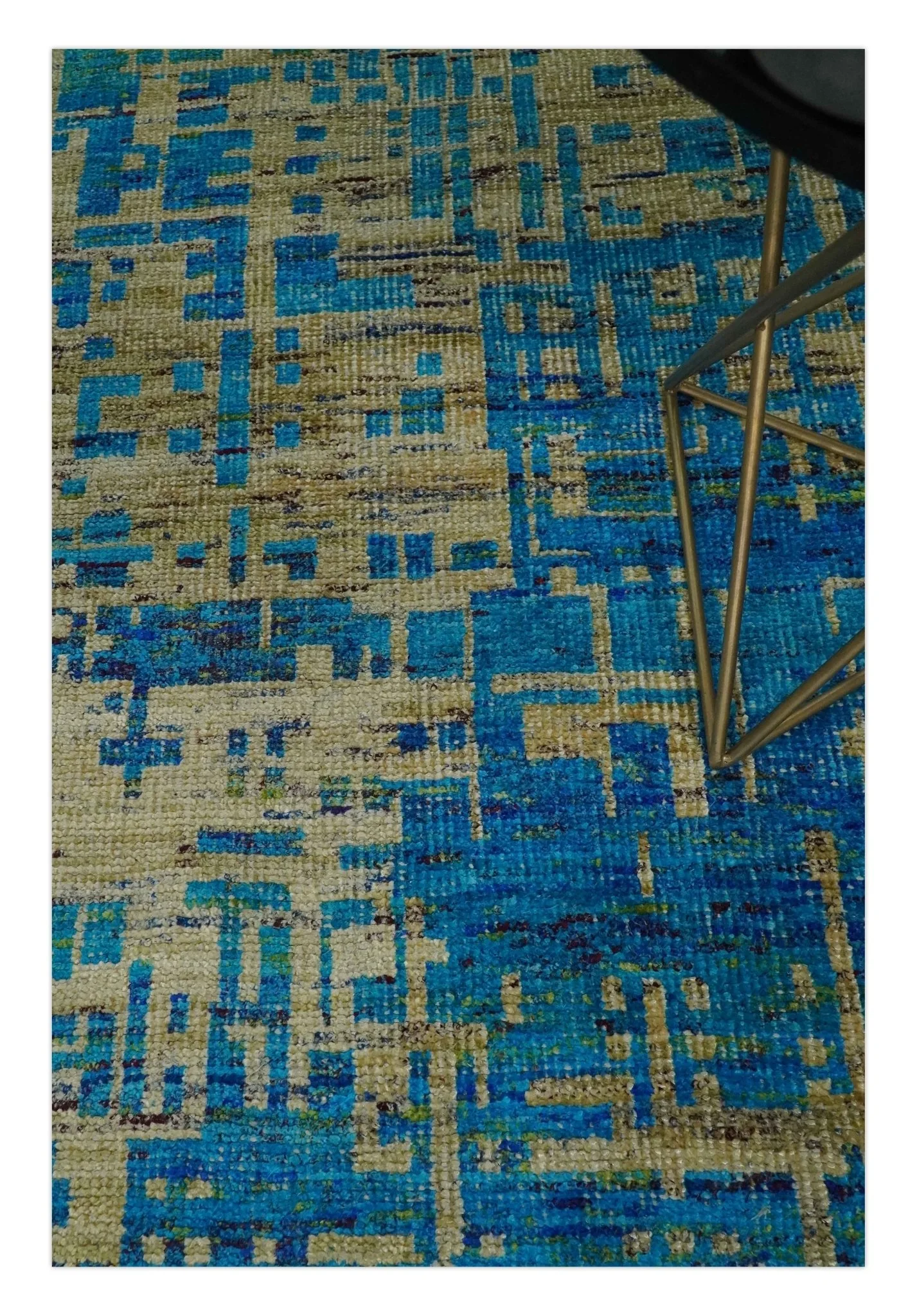 5x8 Hand Knotted Beige and Blue Modern Abstract Contemporary Recycled Silk Area Rug | OP101 - Image 2