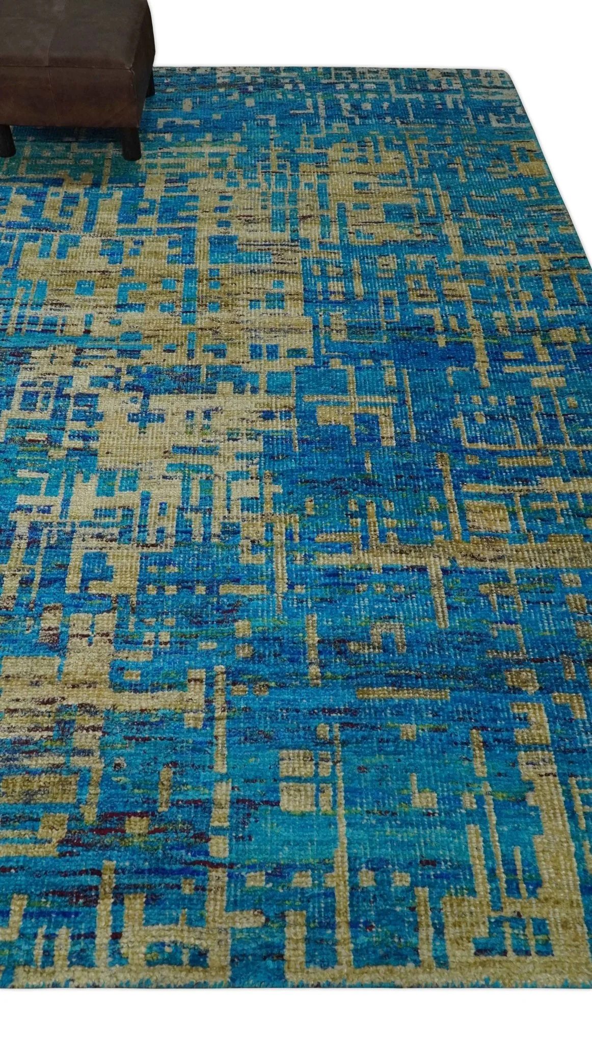 5x8 Hand Knotted Beige and Blue Modern Abstract Contemporary Recycled Silk Area Rug | OP101 - Image 3