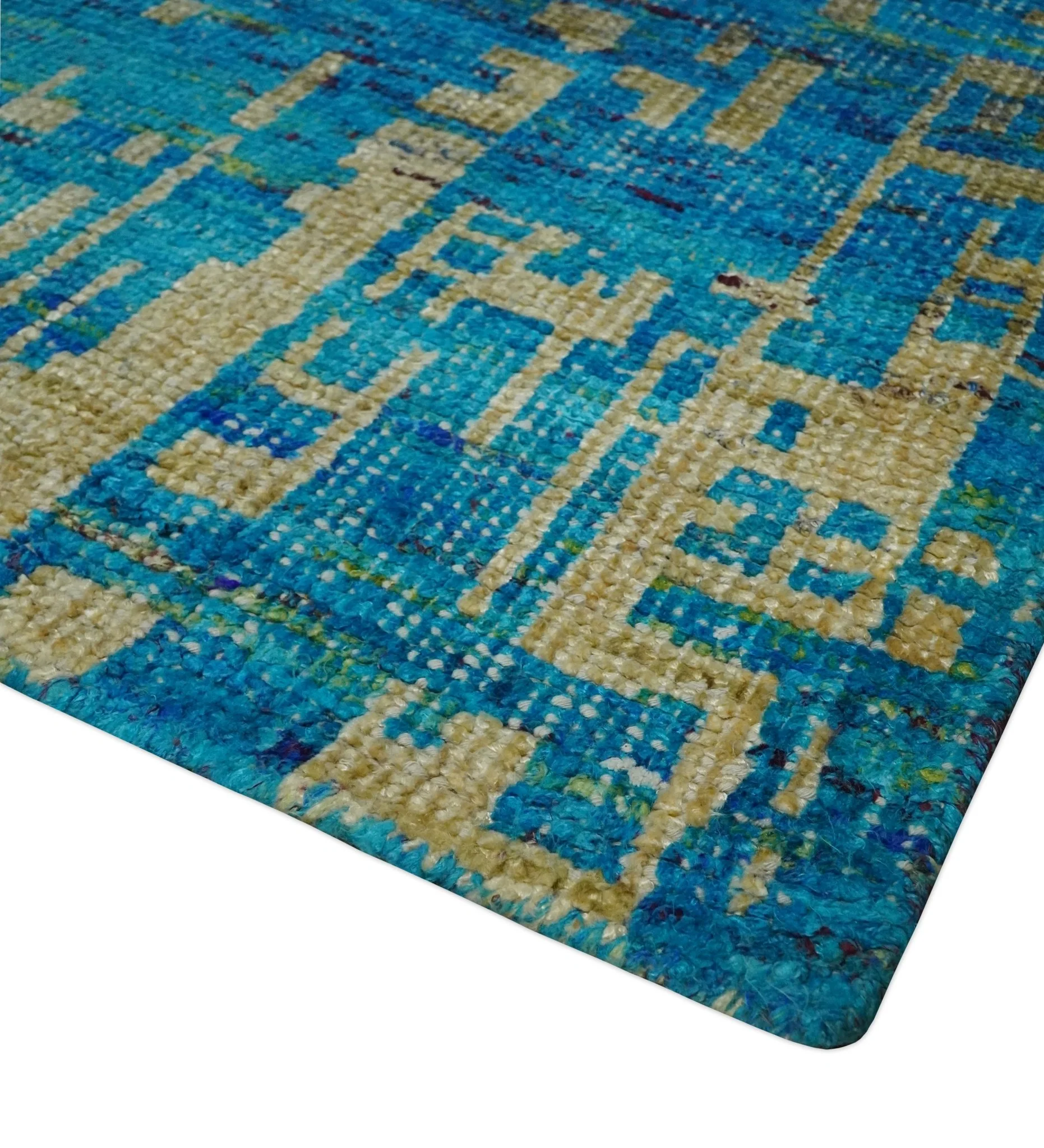 5x8 Hand Knotted Beige and Blue Modern Abstract Contemporary Recycled Silk Area Rug | OP101 - Image 5
