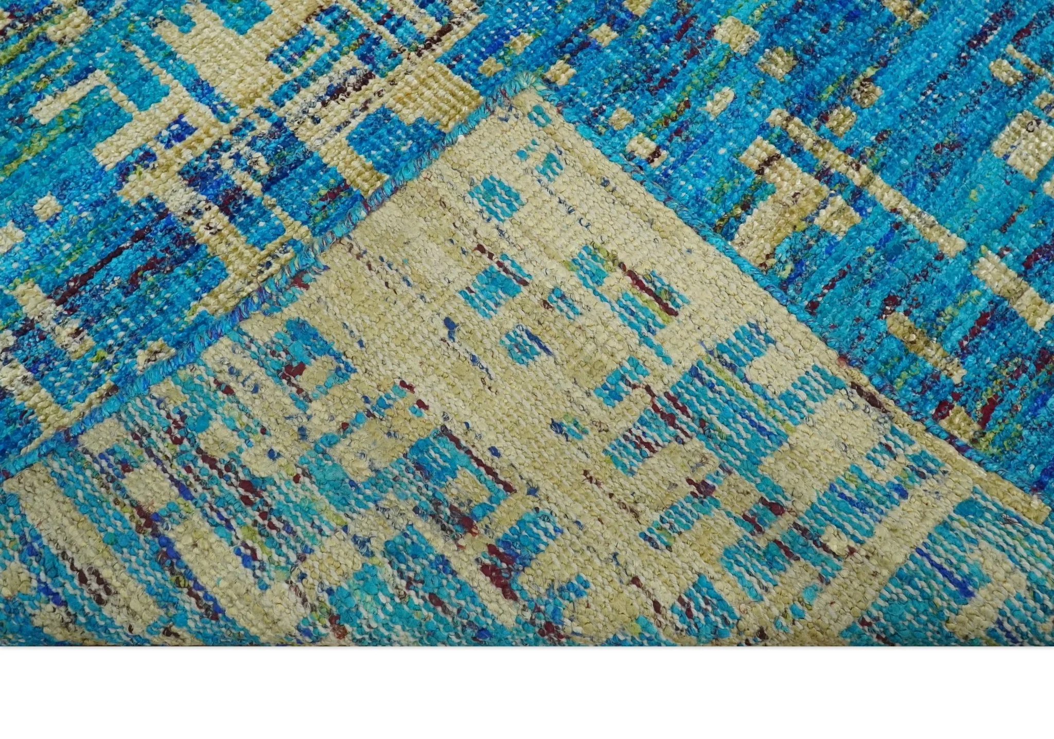 5x8 Hand Knotted Beige and Blue Modern Abstract Contemporary Recycled Silk Area Rug | OP101 - Image 6