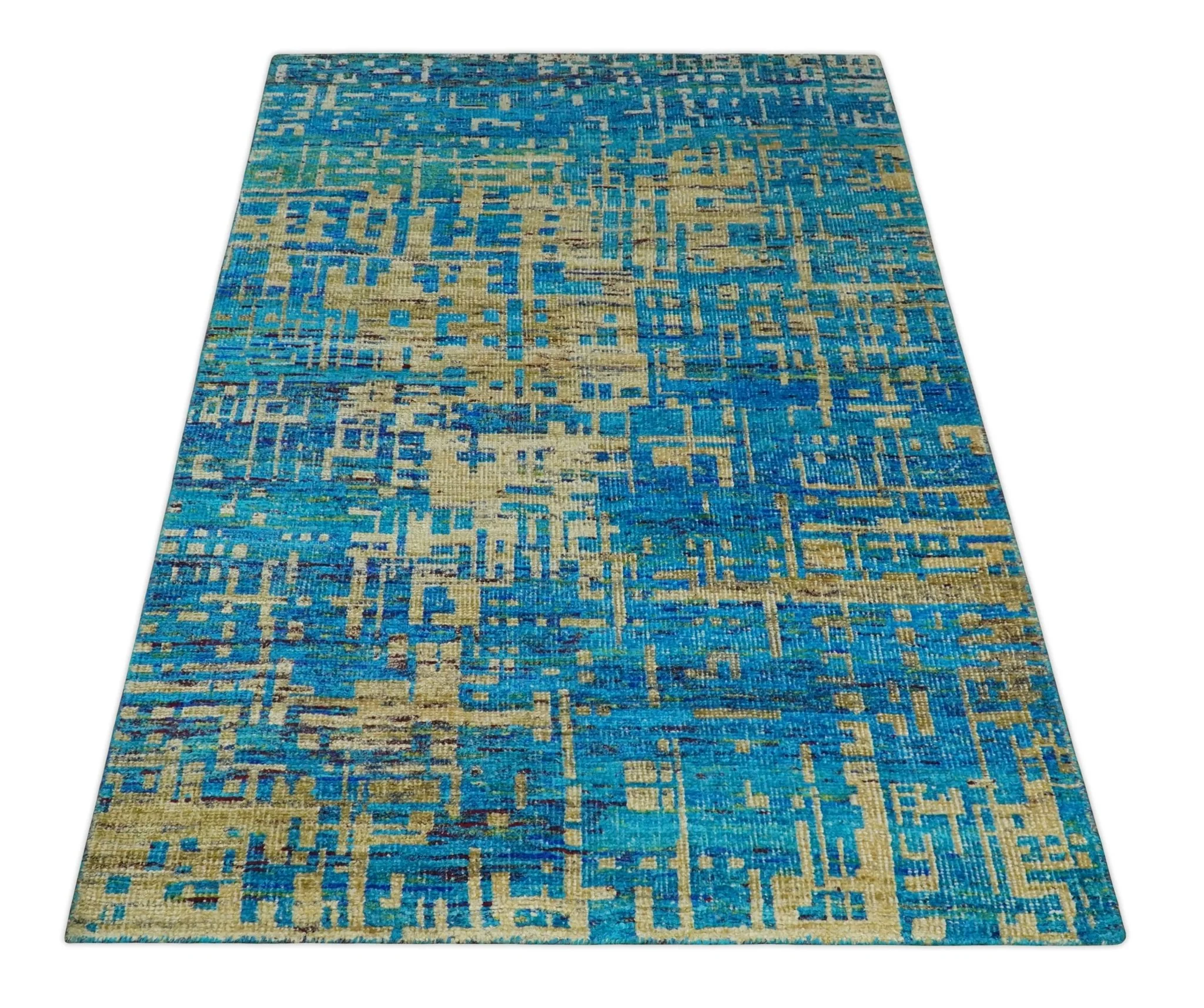 5x8 Hand Knotted Beige and Blue Modern Abstract Contemporary Recycled Silk Area Rug | OP101 - Image 9