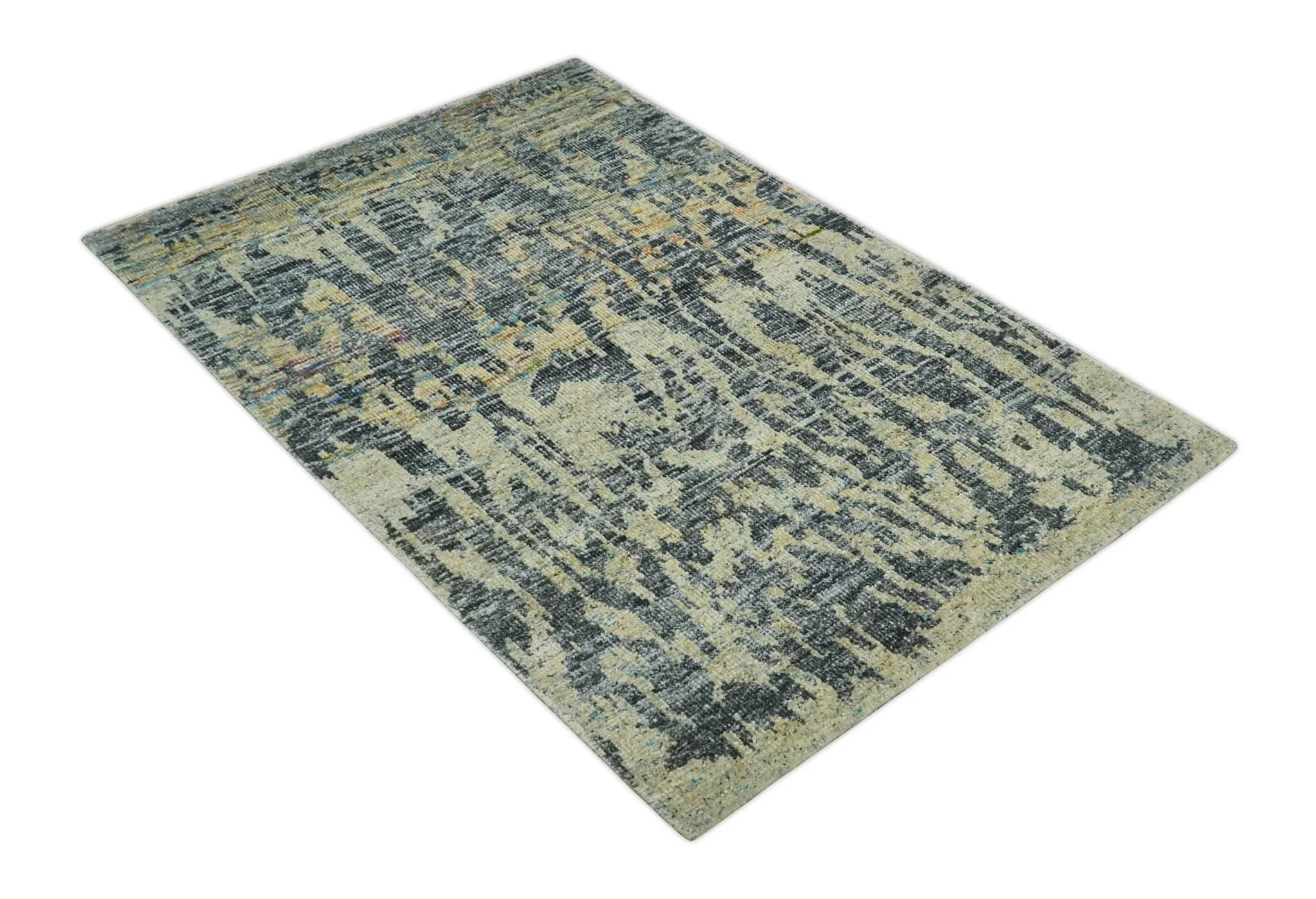 4.5x6.5 Hand Knotted Beige, Camel and Charcoal Modern Abstract Contemporary Recycled Silk Area Rug | OP127 - Image 10