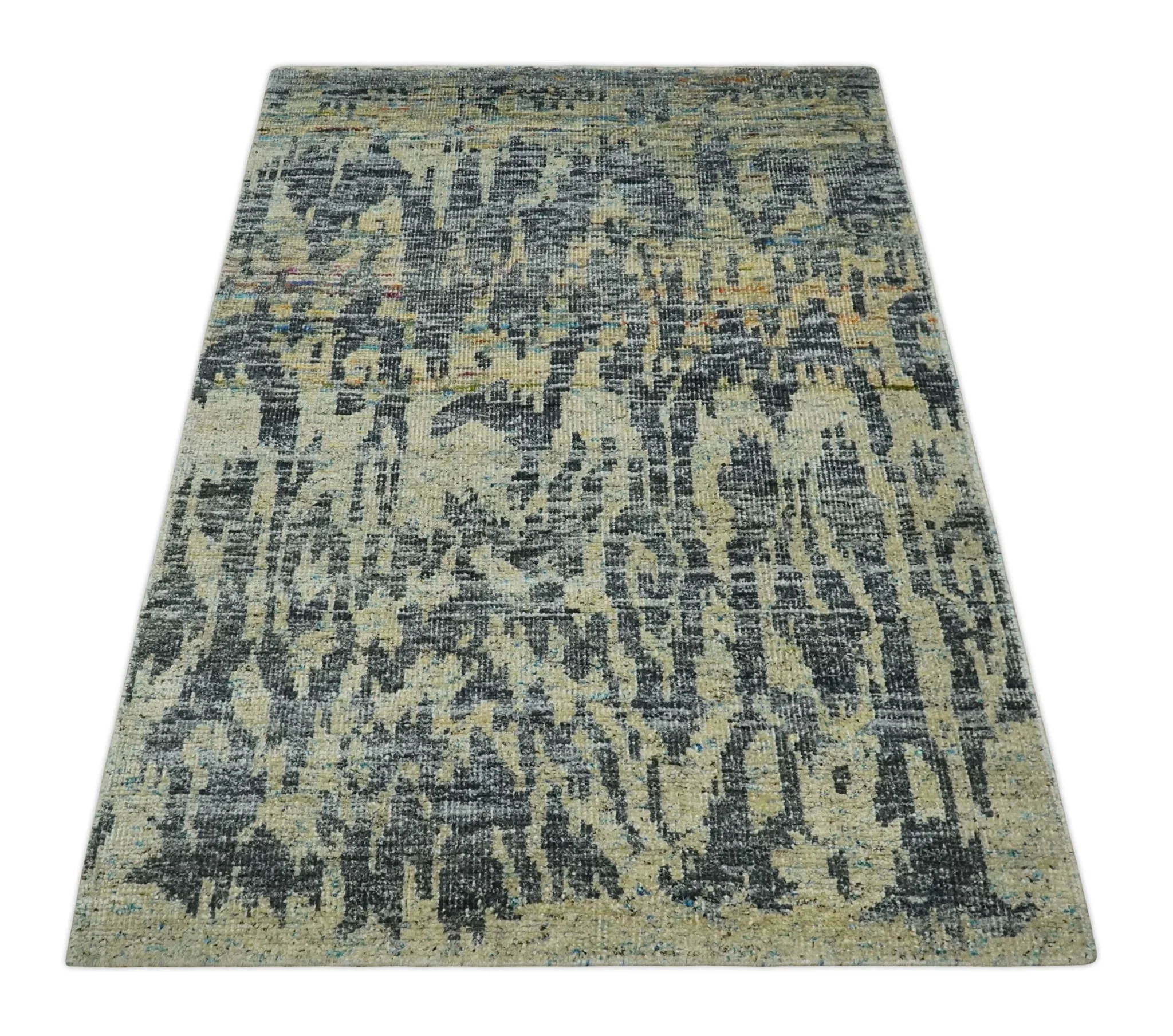 4.5x6.5 Hand Knotted Beige, Camel and Charcoal Modern Abstract Contemporary Recycled Silk Area Rug | OP127 - Image 11