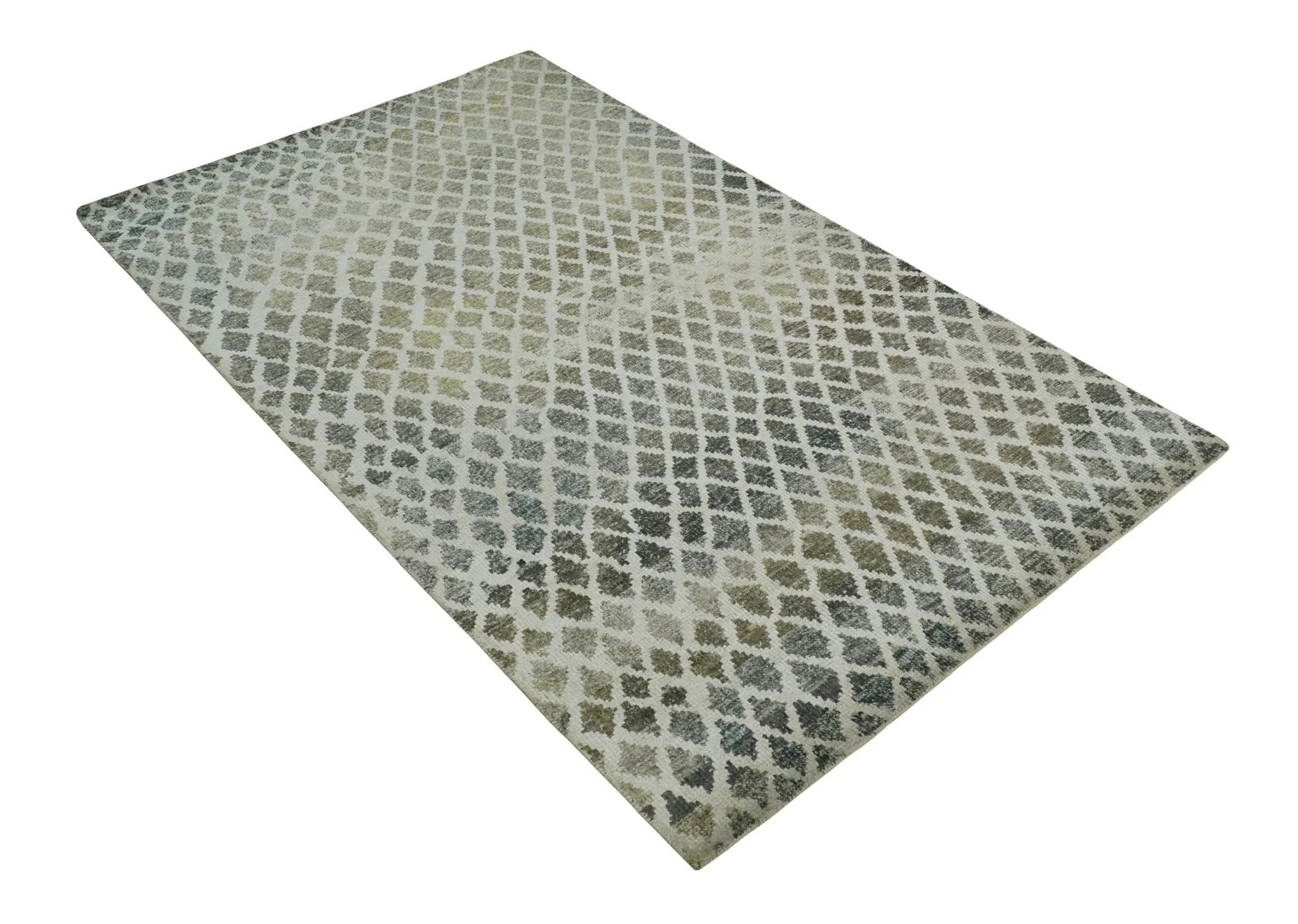 5x8 Hand Knotted Beige, Charcoal and Olive Modern Diamond Geometric Contemporary Recycled Silk Area Rug | OP87 - Image 10