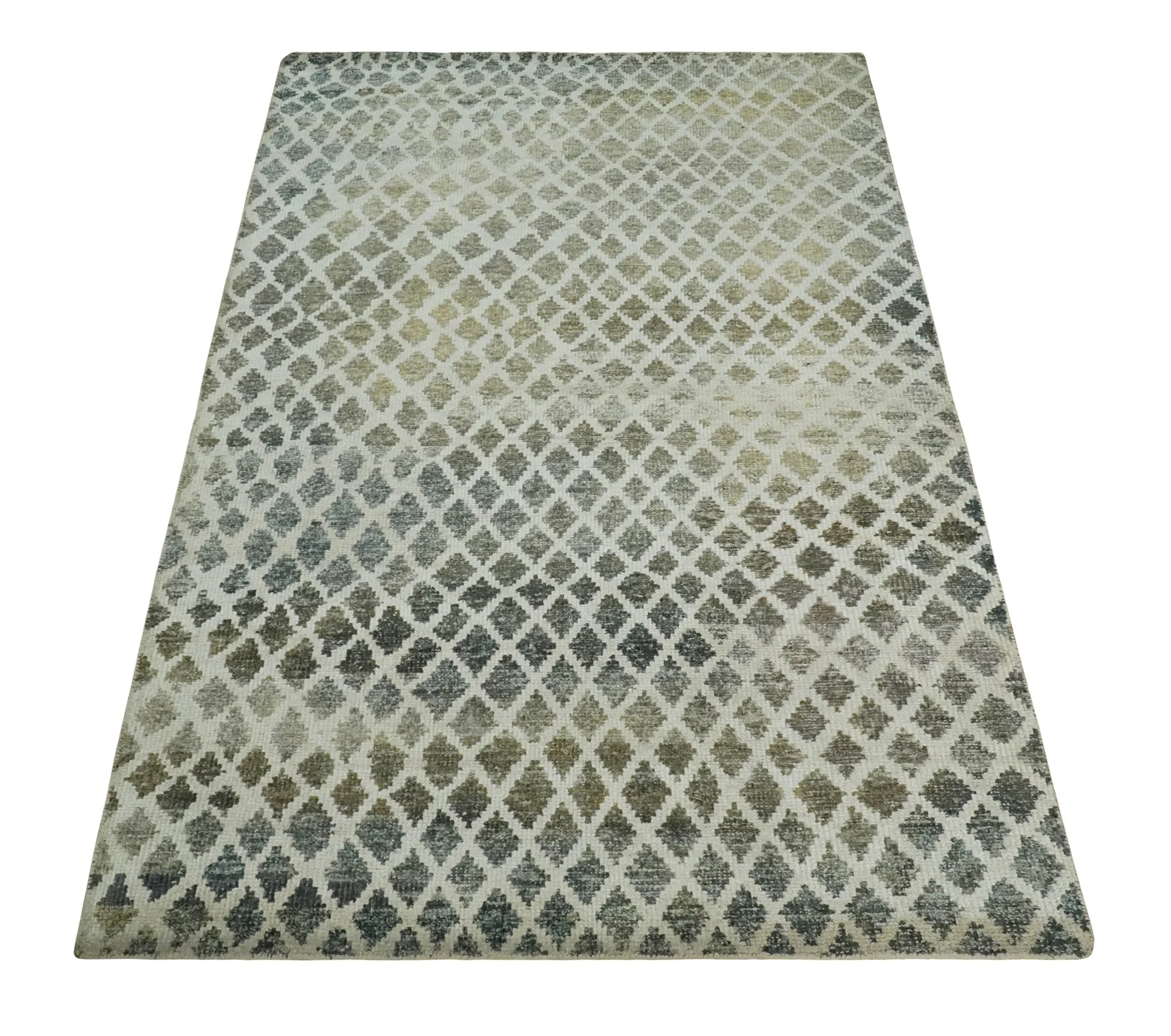 5x8 Hand Knotted Beige, Charcoal and Olive Modern Diamond Geometric Contemporary Recycled Silk Area Rug | OP87 - Image 11