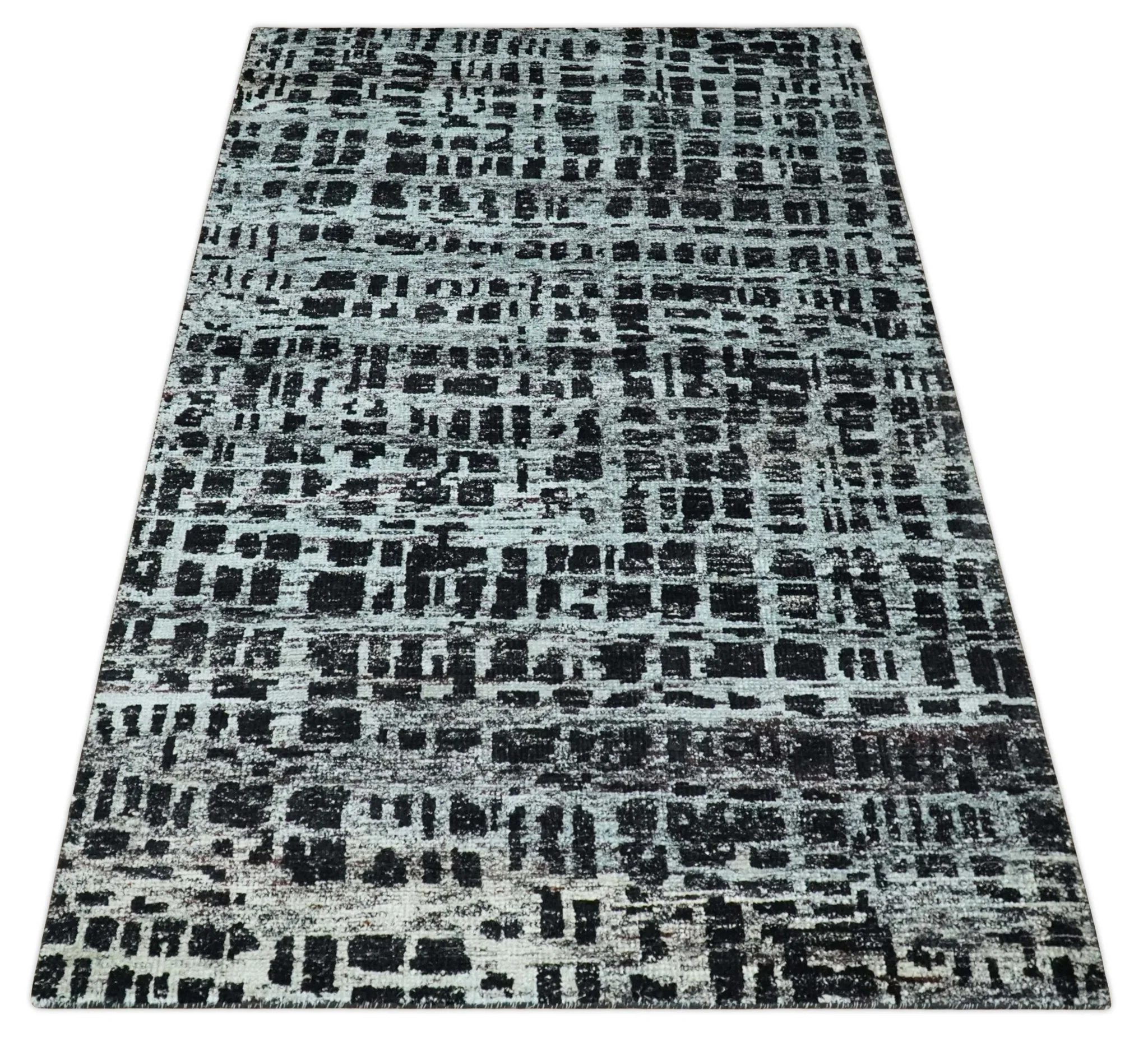 5x8 Hand Knotted Black and Silver Modern Abstract Contemporary Recycled Silk Area Rug | OP120 - Image 10