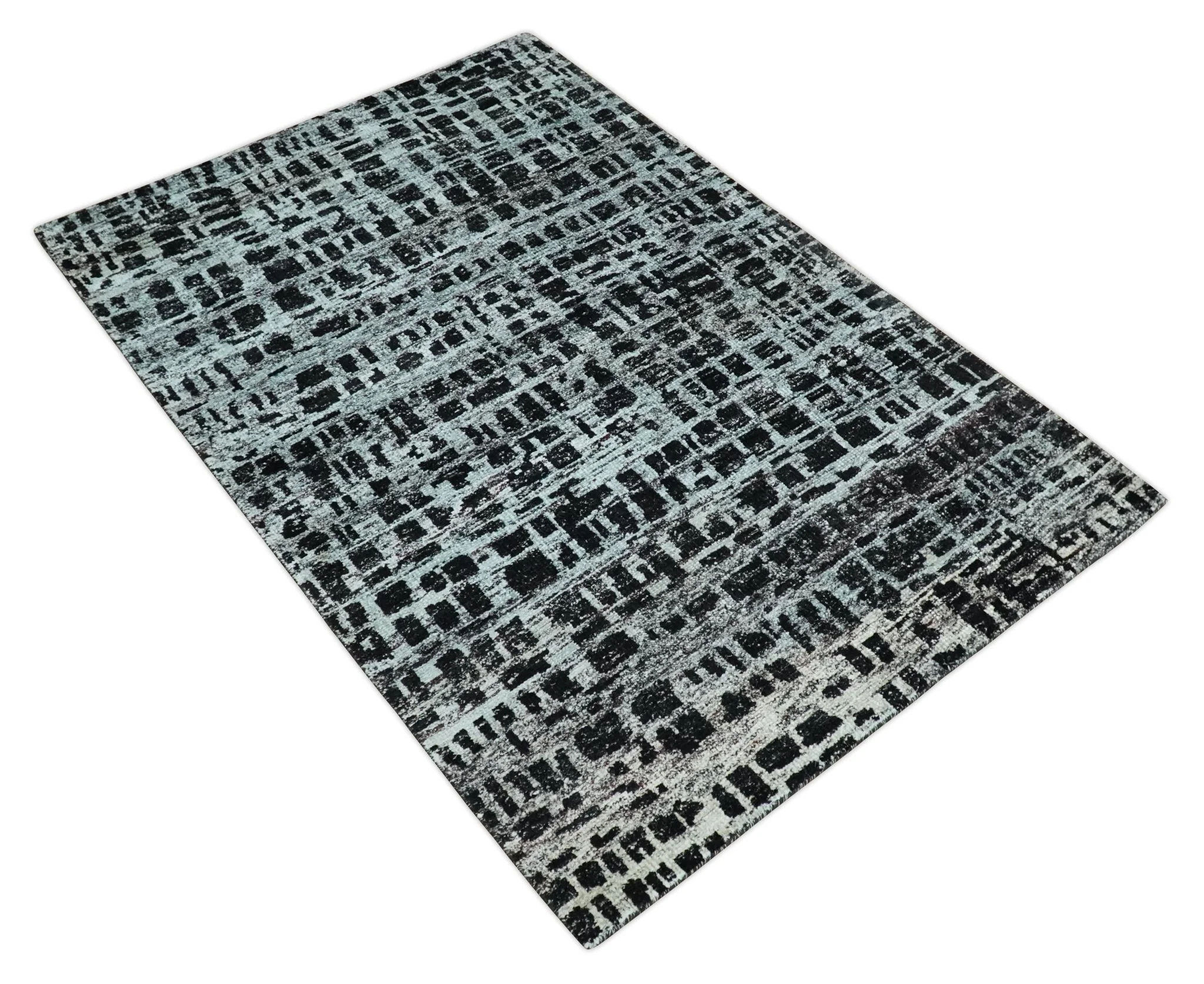 5x8 Hand Knotted Black and Silver Modern Abstract Contemporary Recycled Silk Area Rug | OP120 - Image 9