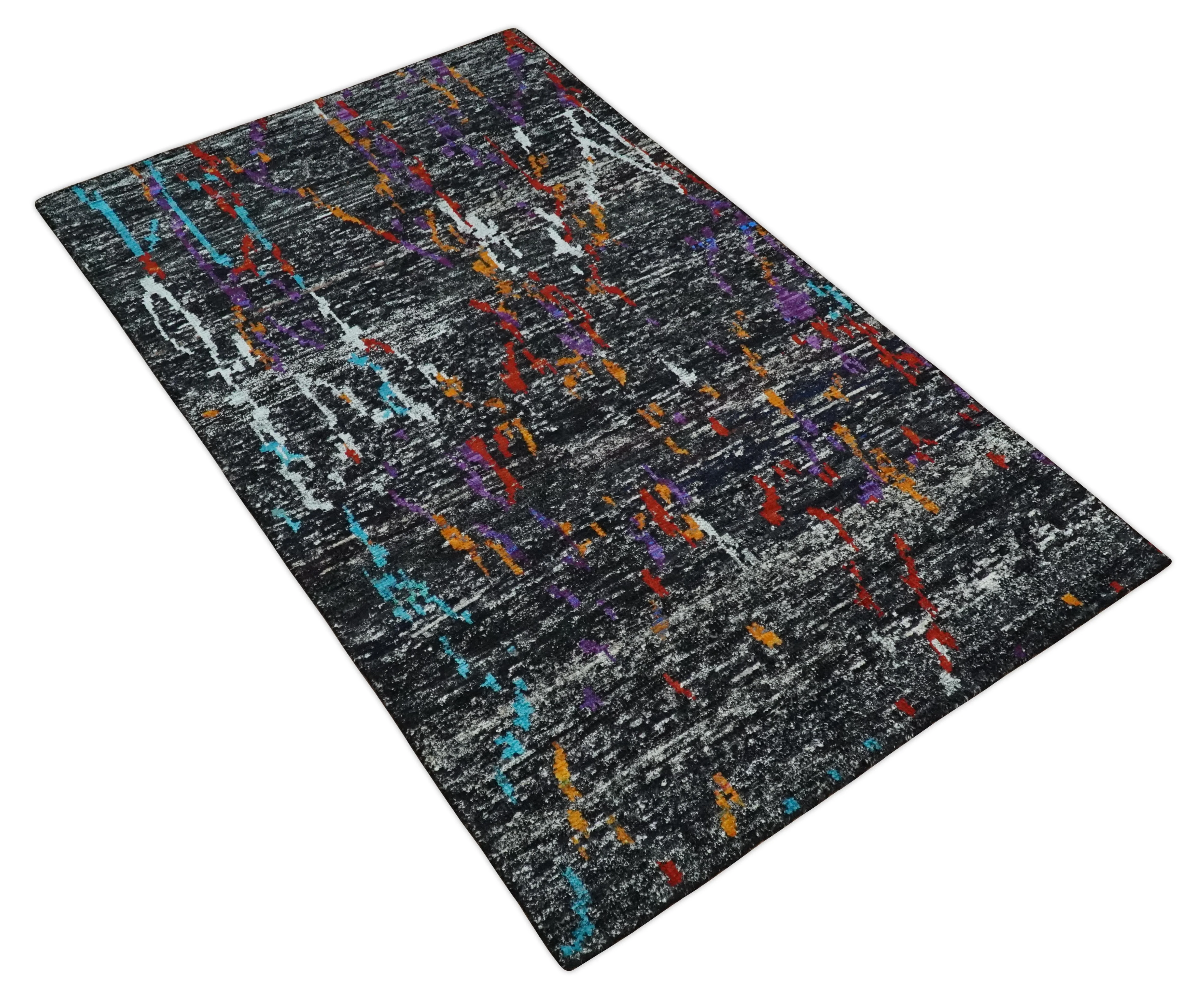5x8 Hand Knotted Black, Ivory and Rust Modern Abstract Contemporary Recycled Silk Area Rug | OP132 - Image 10