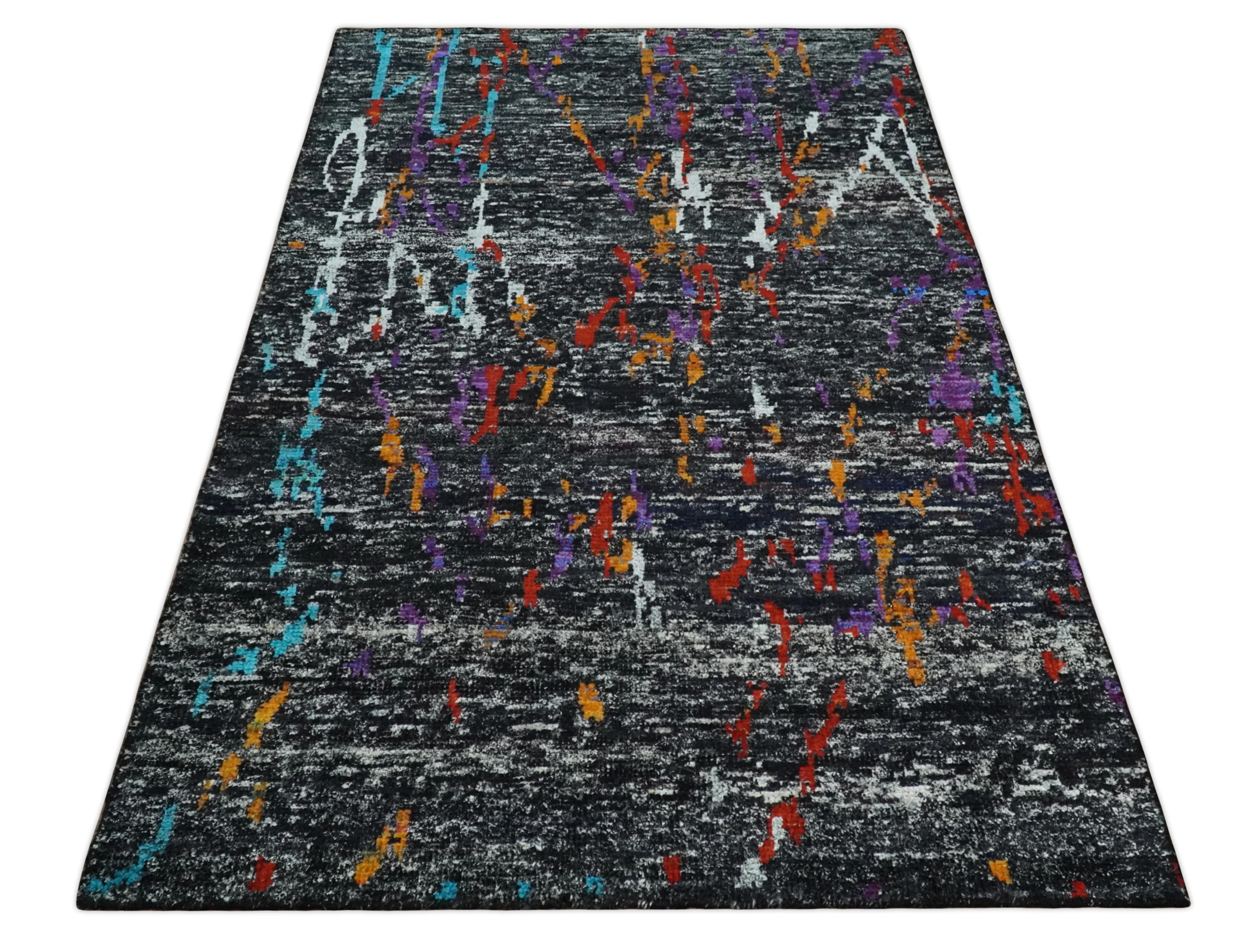 5x8 Hand Knotted Black, Ivory and Rust Modern Abstract Contemporary Recycled Silk Area Rug | OP132 - Image 11