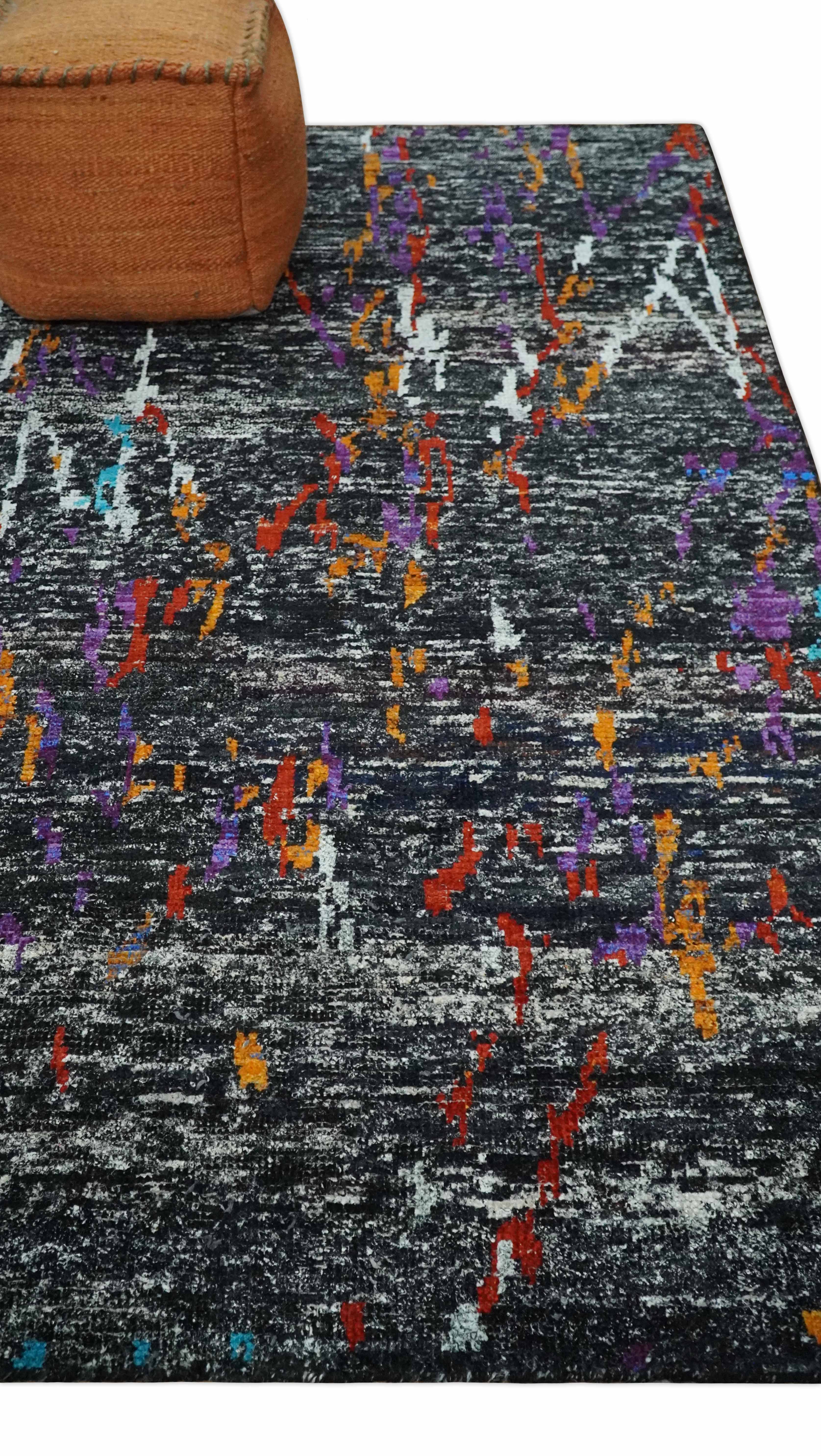 5x8 Hand Knotted Black, Ivory and Rust Modern Abstract Contemporary Recycled Silk Area Rug | OP132 - Image 3