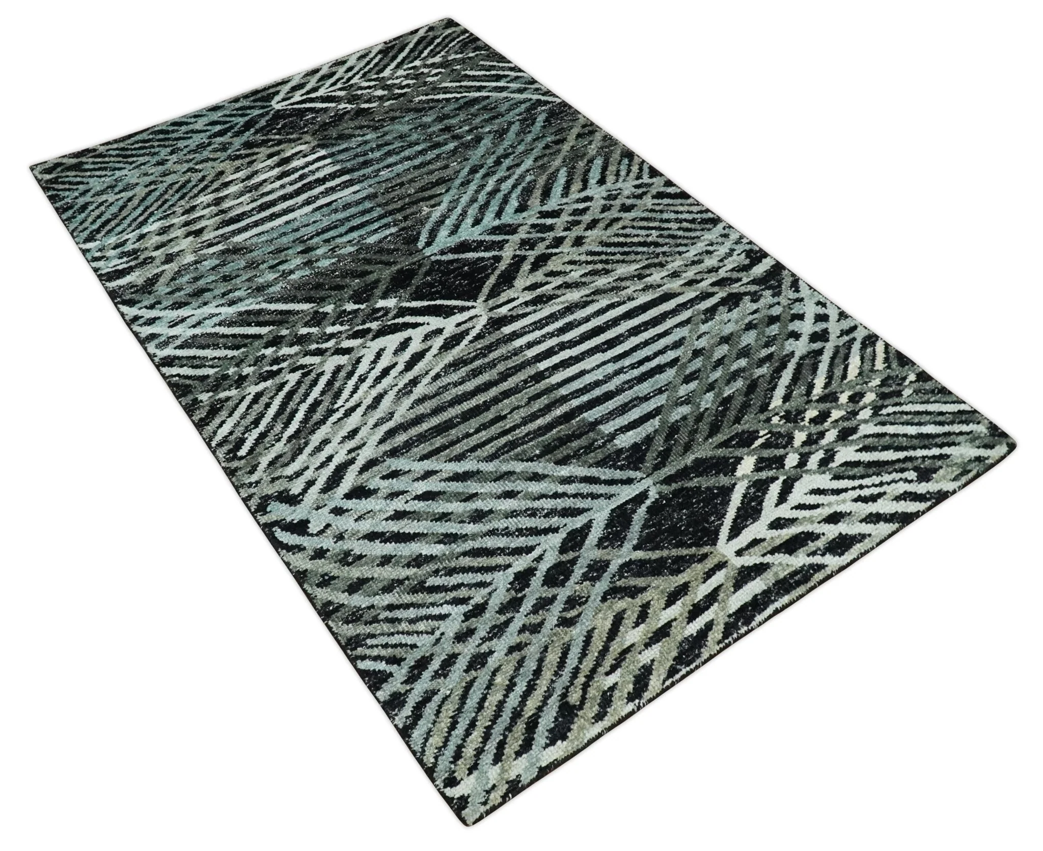 5x8 Hand Knotted Black, Ivory and Teal Modern Style Contemporary Recycled Silk Area Rug | OP119 - Image 10