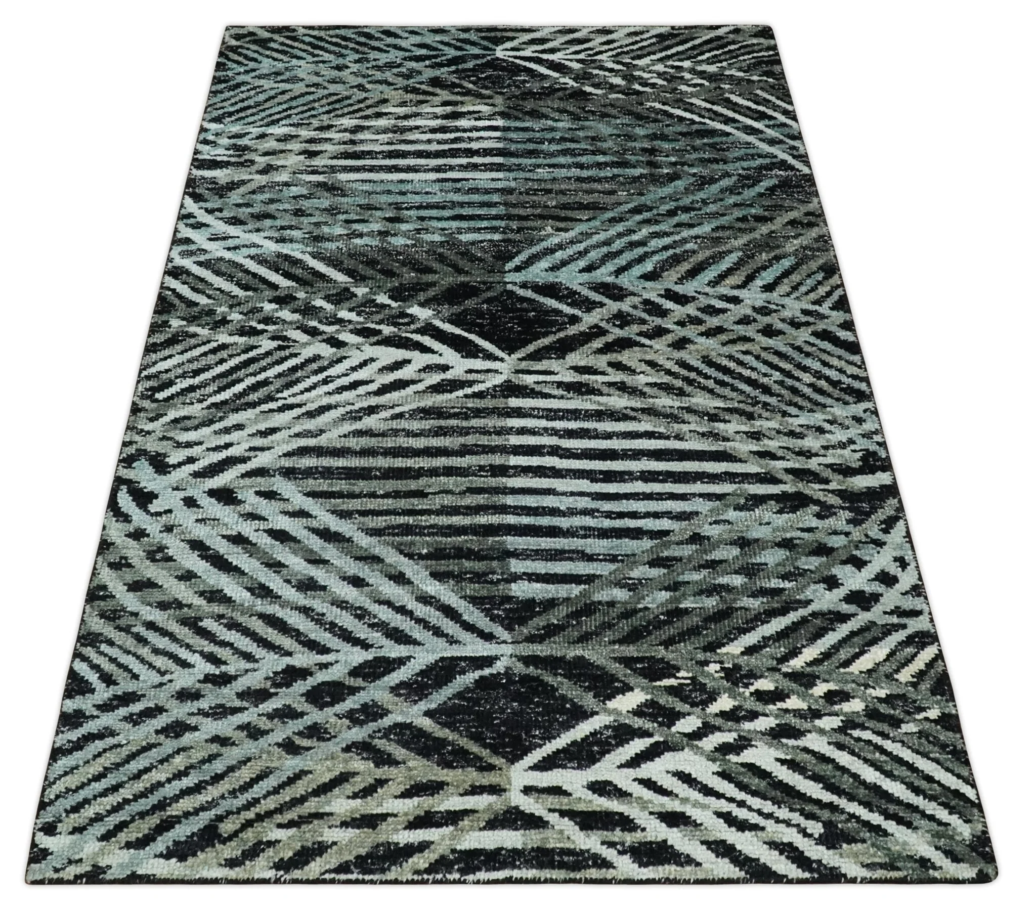 5x8 Hand Knotted Black, Ivory and Teal Modern Style Contemporary Recycled Silk Area Rug | OP119 - Image 11