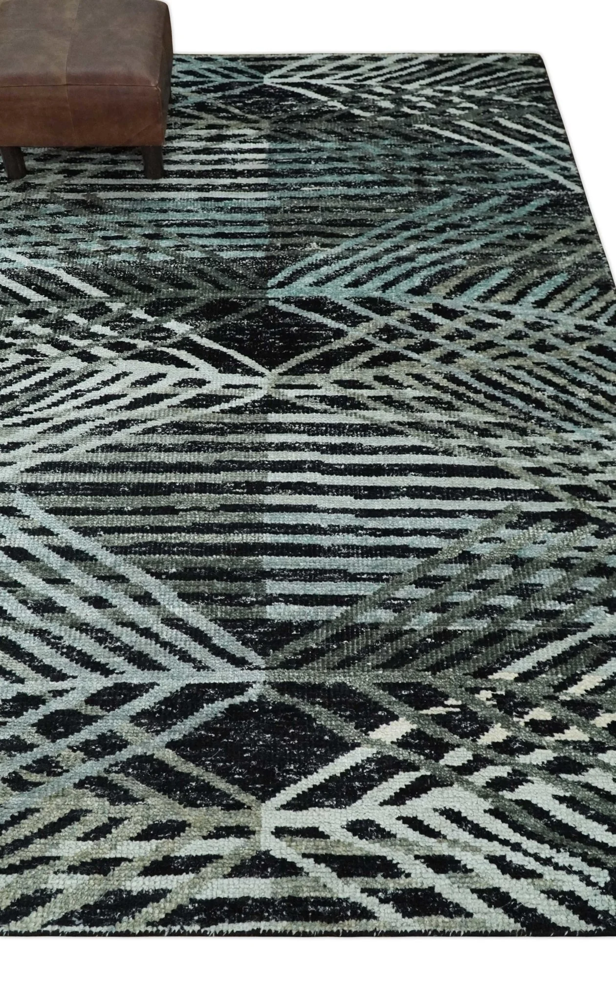 5x8 Hand Knotted Black, Ivory and Teal Modern Style Contemporary Recycled Silk Area Rug | OP119 - Image 4