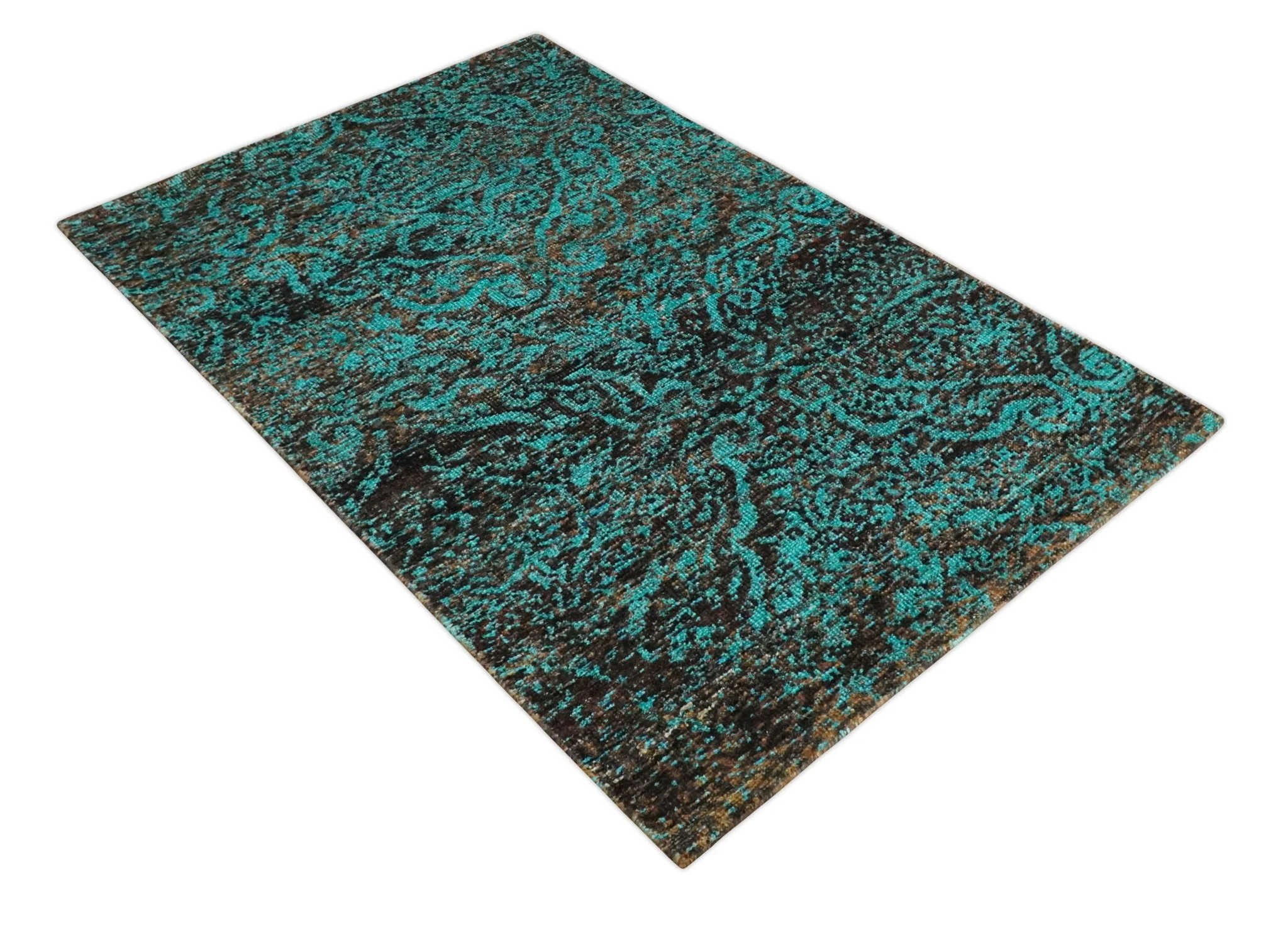 5x8 Hand Knotted Blue and Brown Modern Persian Style Contemporary Recycled Silk Area Rug | OP103 - Image 10