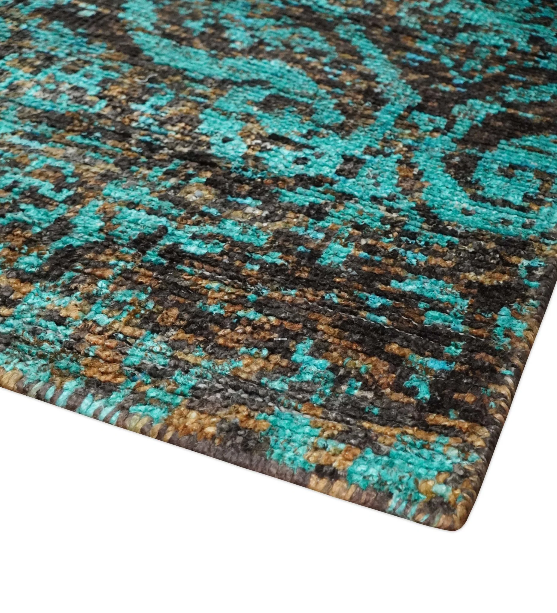 5x8 Hand Knotted Blue and Brown Modern Persian Style Contemporary Recycled Silk Area Rug | OP103 - Image 5
