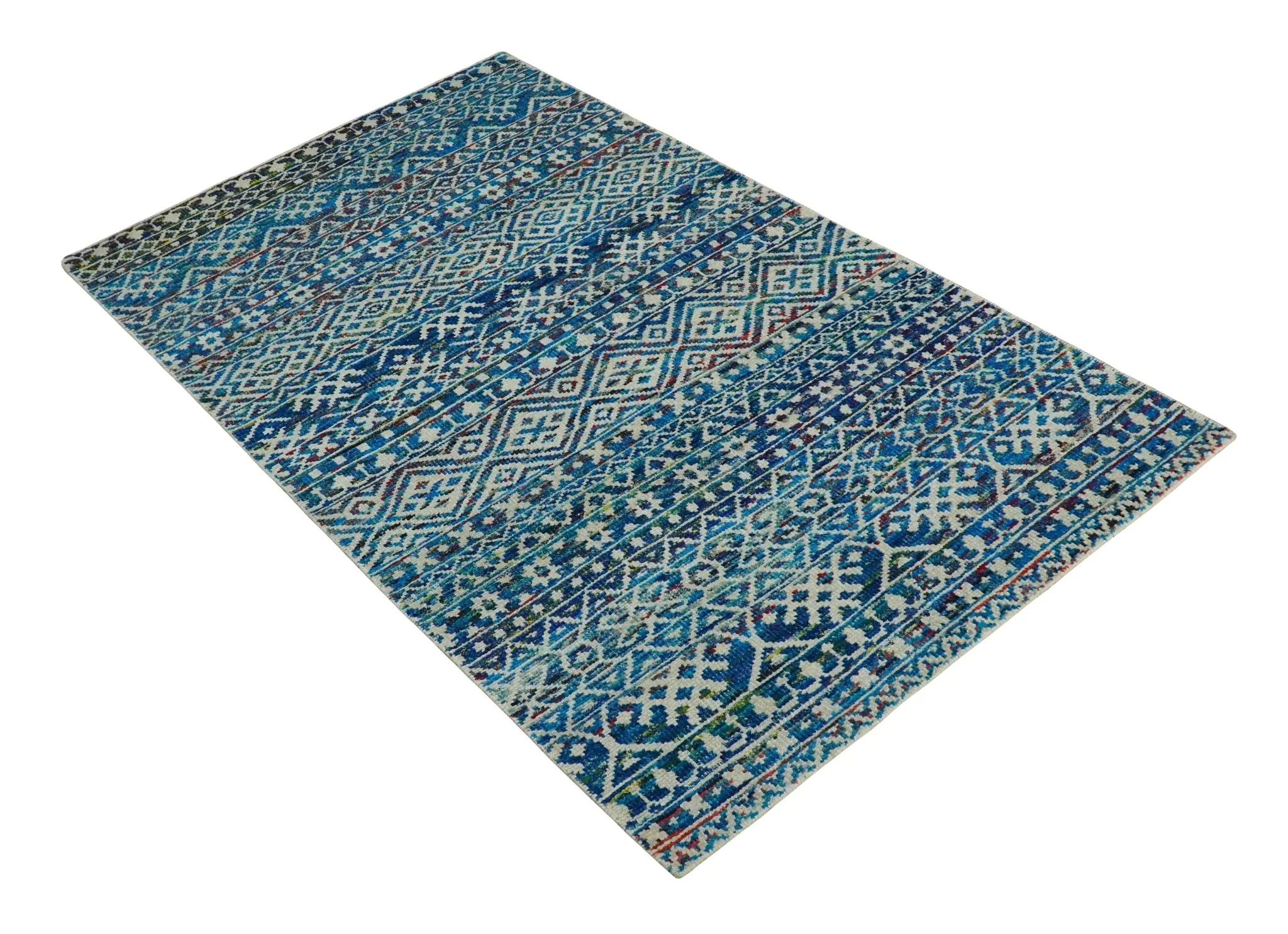 5x8 Hand Knotted Blue and Ivory Modern Contemporary Southwestern Tribal Trellis Recycled Silk Area Rug | OP80 - Image 10