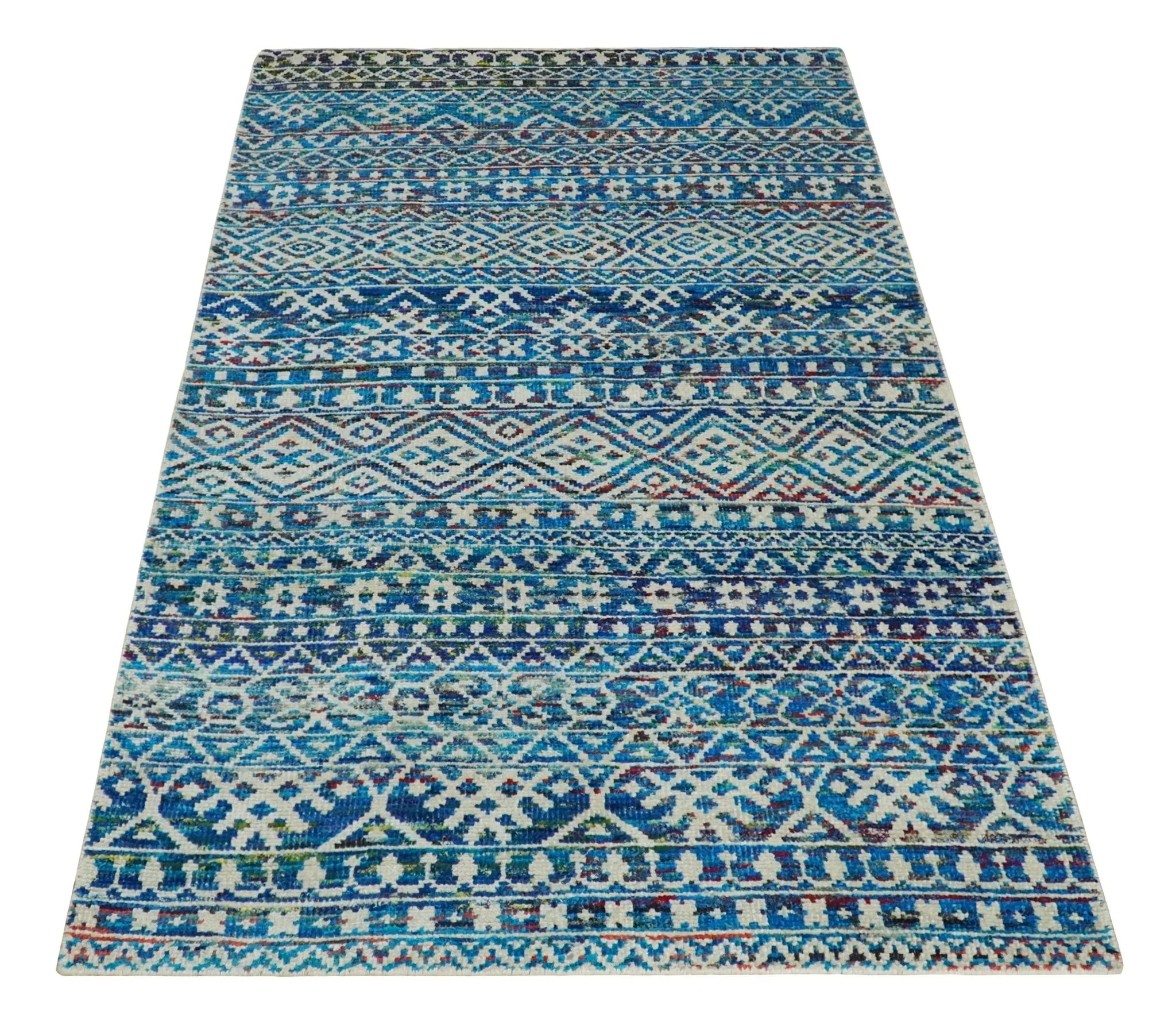 5x8 Hand Knotted Blue and Ivory Modern Contemporary Southwestern Tribal Trellis Recycled Silk Area Rug | OP80 - Image 11