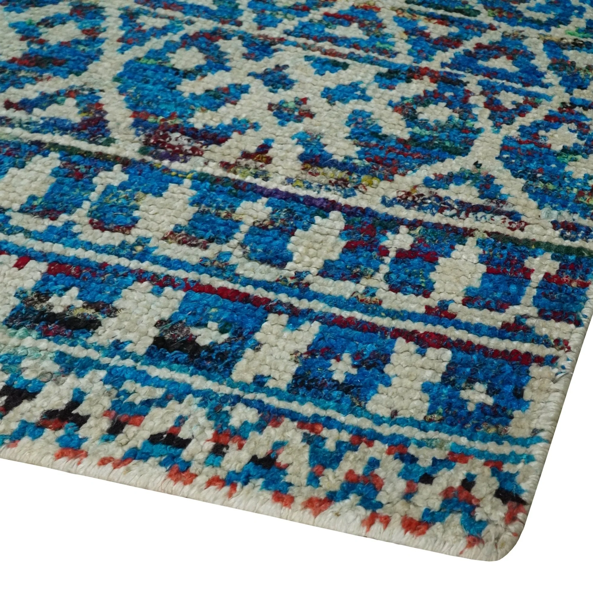 5x8 Hand Knotted Blue and Ivory Modern Contemporary Southwestern Tribal Trellis Recycled Silk Area Rug | OP80 - Image 3