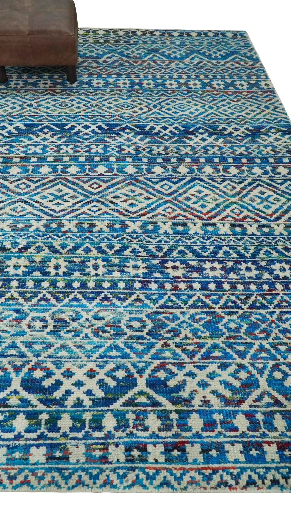 5x8 Hand Knotted Blue and Ivory Modern Contemporary Southwestern Tribal Trellis Recycled Silk Area Rug | OP80 - Image 4