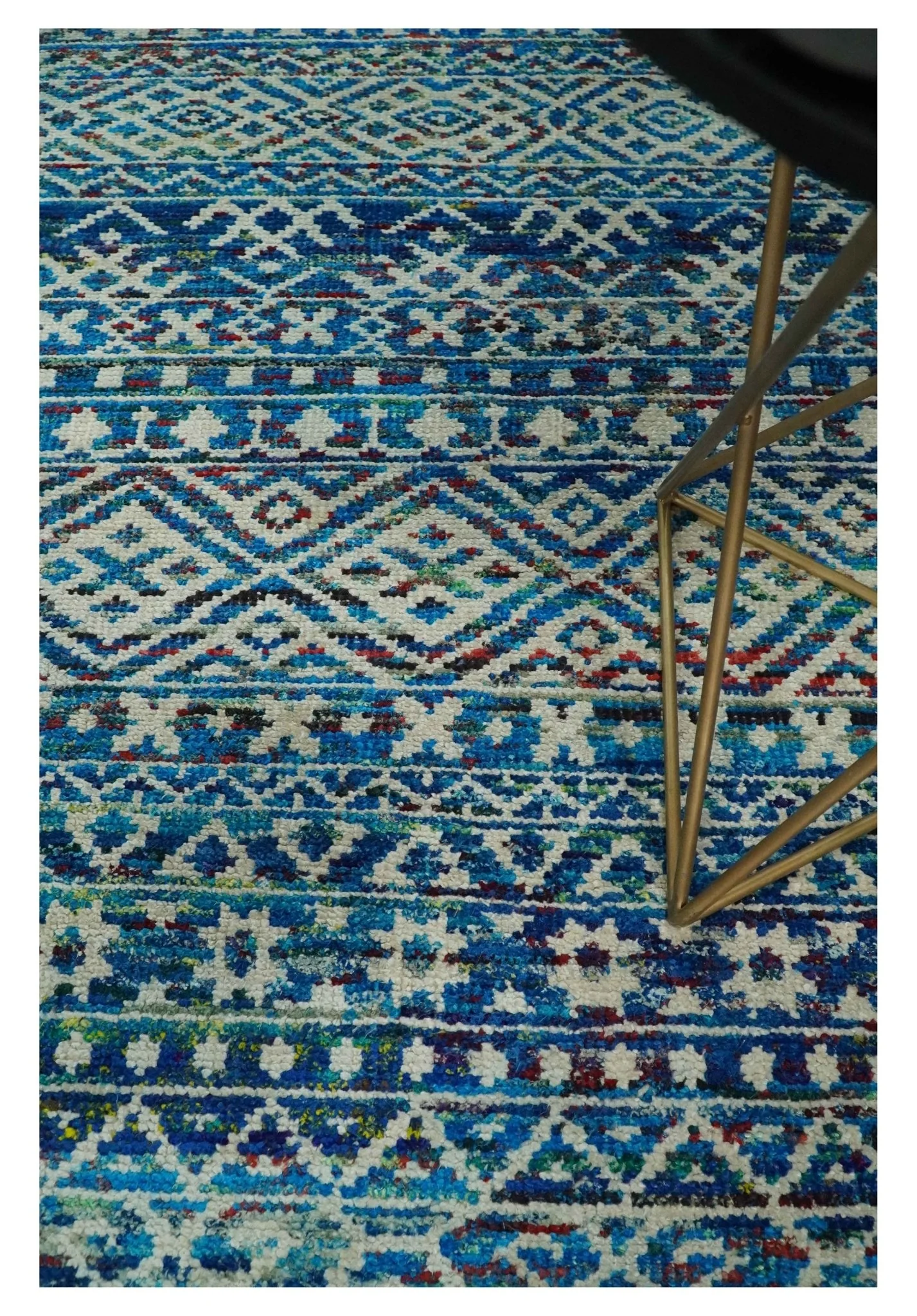 5x8 Hand Knotted Blue and Ivory Modern Contemporary Southwestern Tribal Trellis Recycled Silk Area Rug | OP80 - Image 5