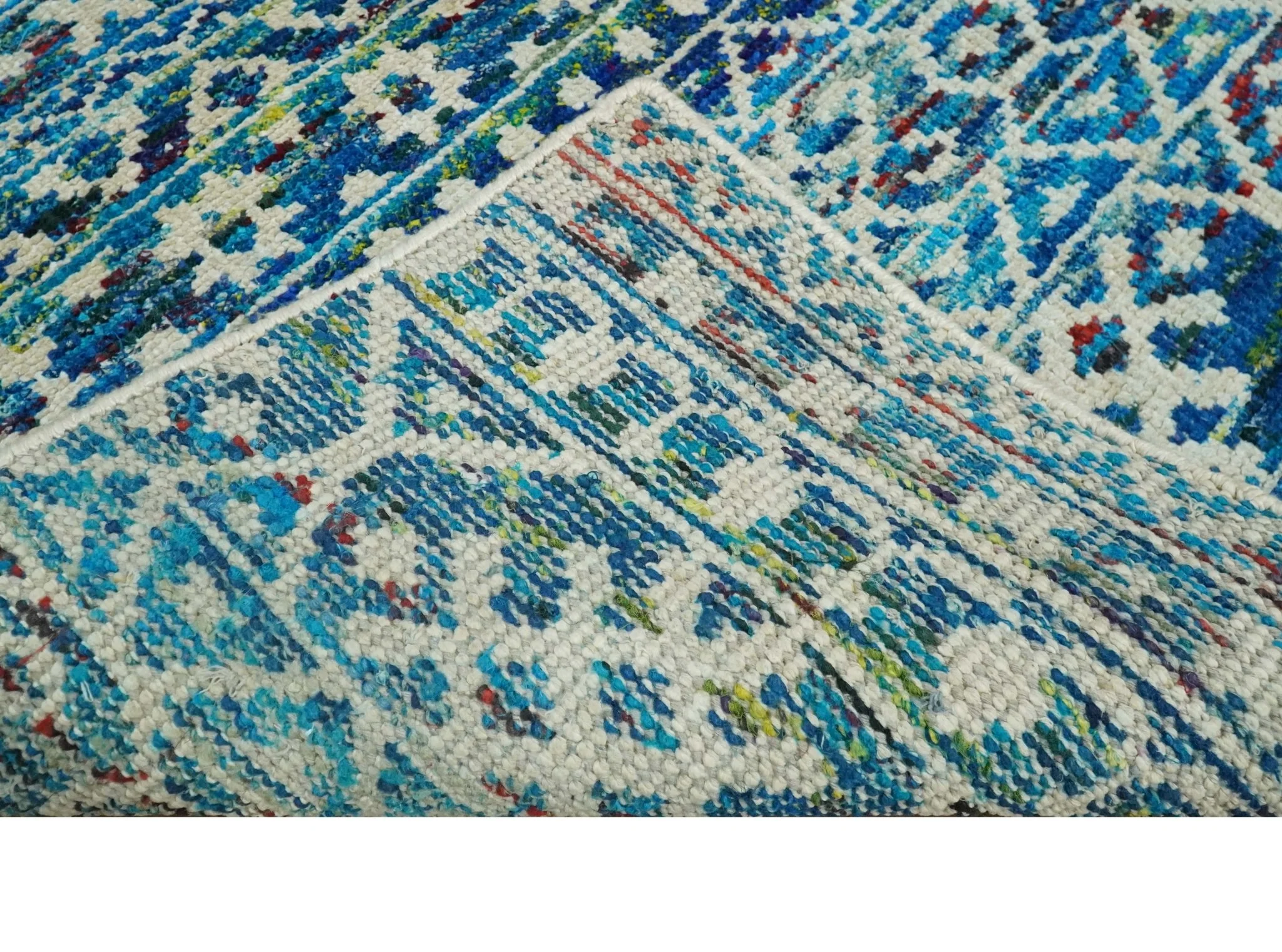 5x8 Hand Knotted Blue and Ivory Modern Contemporary Southwestern Tribal Trellis Recycled Silk Area Rug | OP80 - Image 7