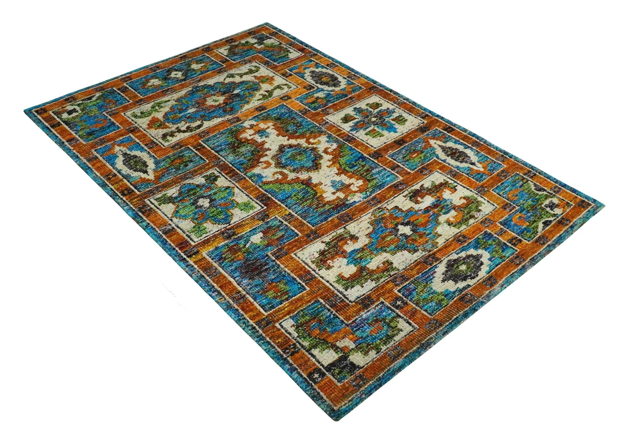 5x8 Hand Knotted Blue, Ivory and Gold Modern Persian made of Recycled Silk Area Rug | OP81 - Image 10