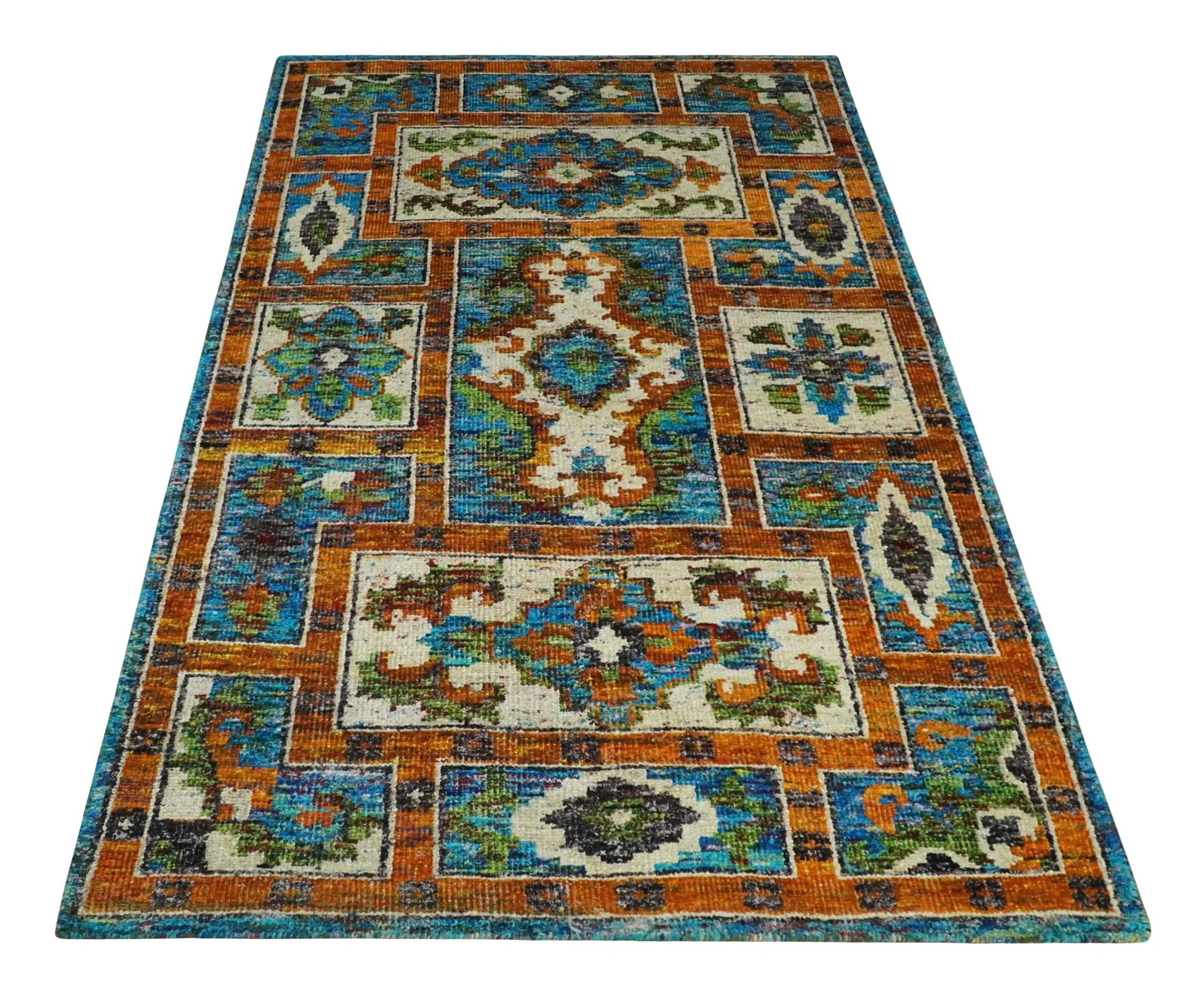 5x8 Hand Knotted Blue, Ivory and Gold Modern Persian made of Recycled Silk Area Rug | OP81 - Image 11
