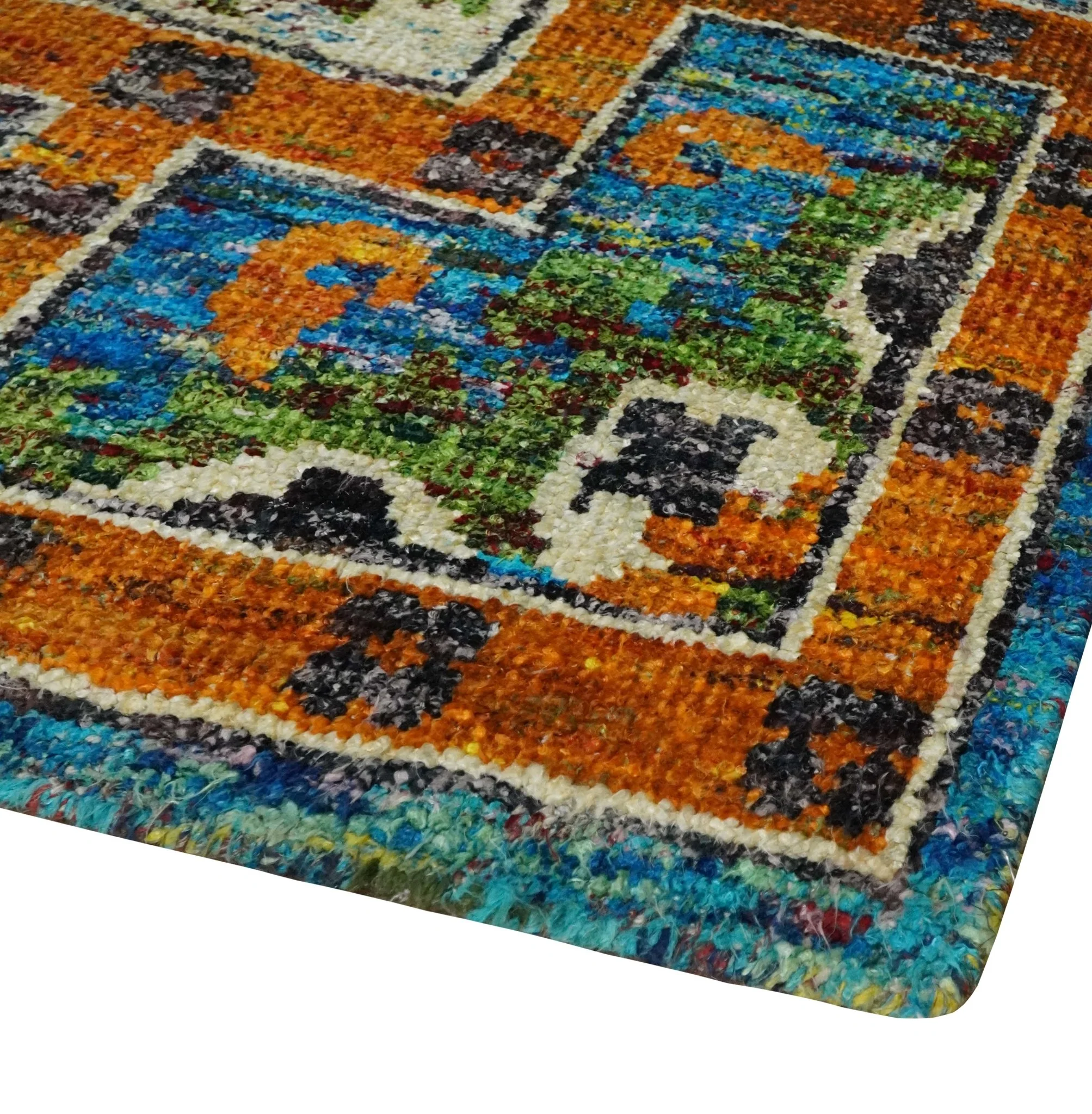5x8 Hand Knotted Blue, Ivory and Gold Modern Persian made of Recycled Silk Area Rug | OP81 - Image 3