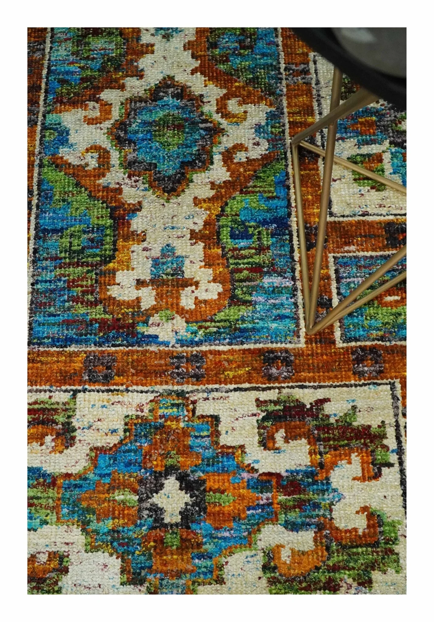 5x8 Hand Knotted Blue, Ivory and Gold Modern Persian made of Recycled Silk Area Rug | OP81 - Image 4