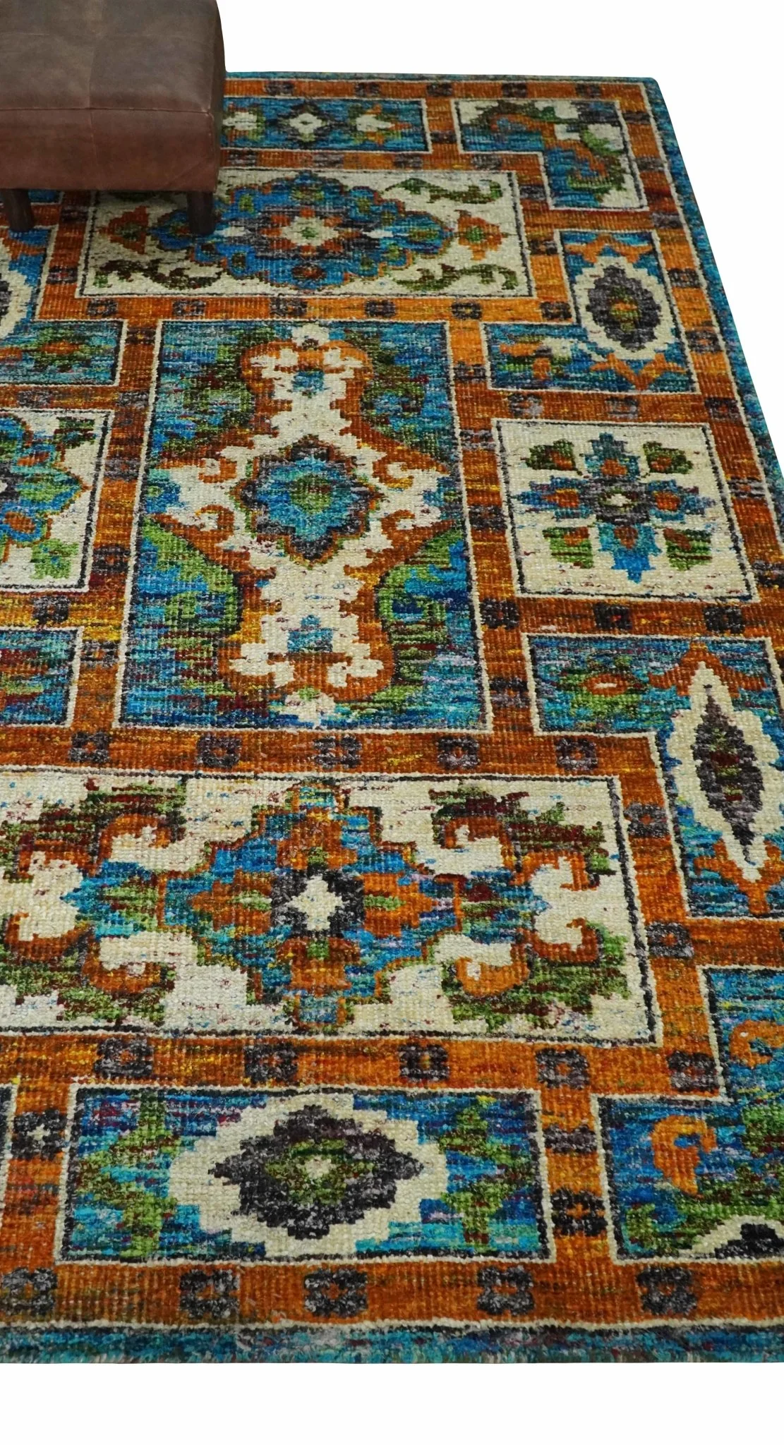 5x8 Hand Knotted Blue, Ivory and Gold Modern Persian made of Recycled Silk Area Rug | OP81 - Image 5